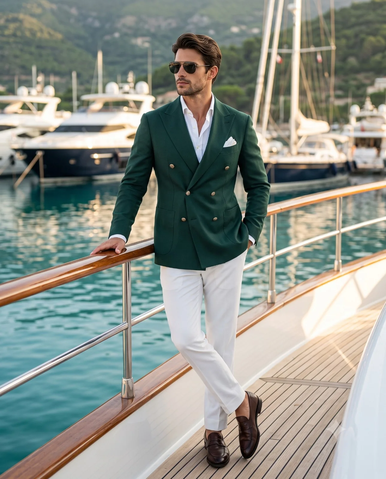 Man in an emerald blazer and white trousers standing on a luxury yacht deck