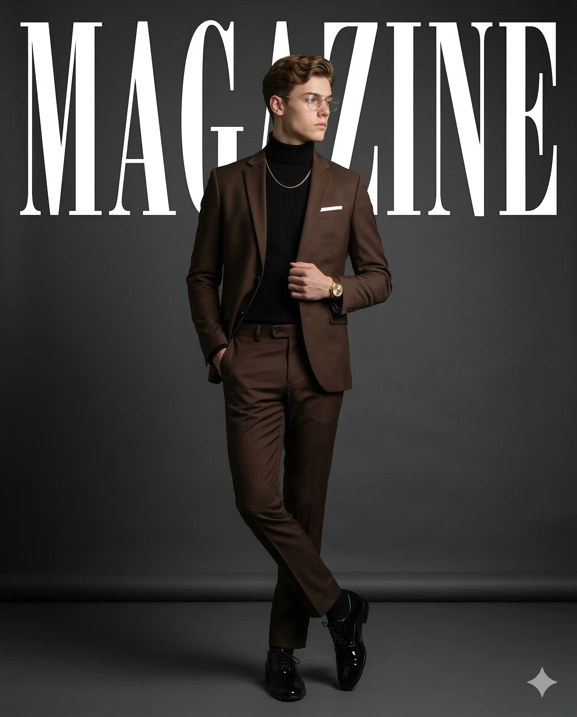 Man in a brown suit and black turtleneck posing before large white MAGAZINE lettering