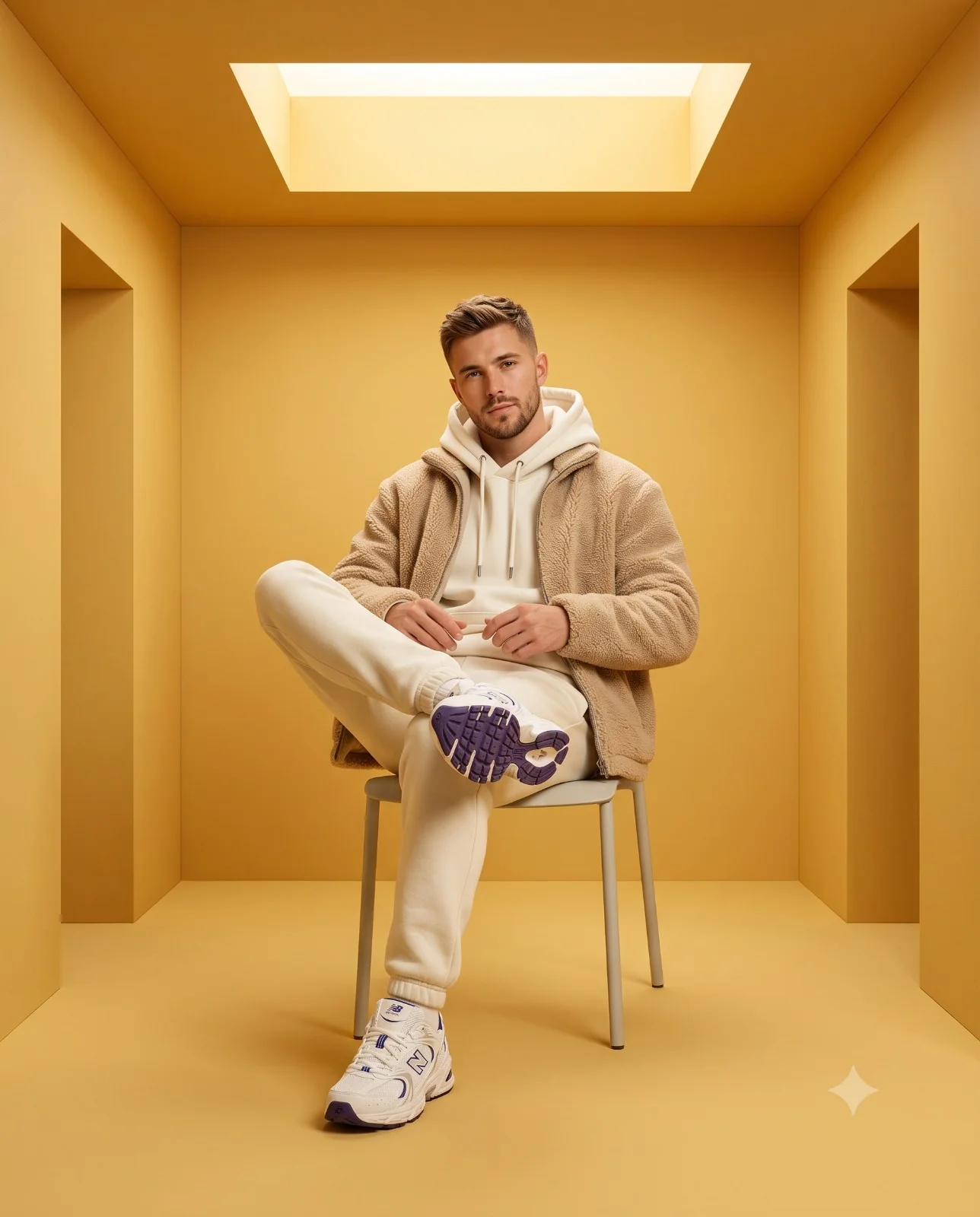 Man in beige fleece and cream streetwear seated on a chair inside a yellow cube room