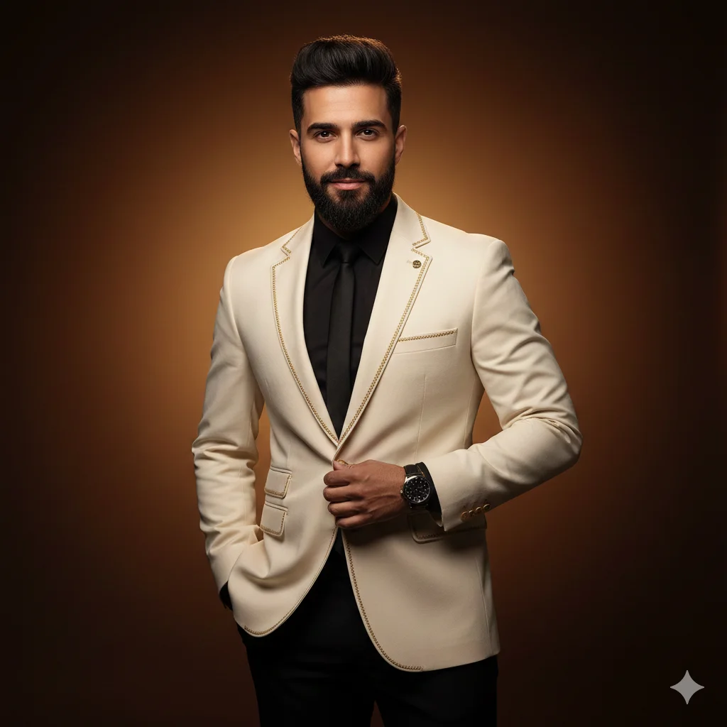 Man wearing a cream blazer over a black shirt and tie against a warm brown gradient