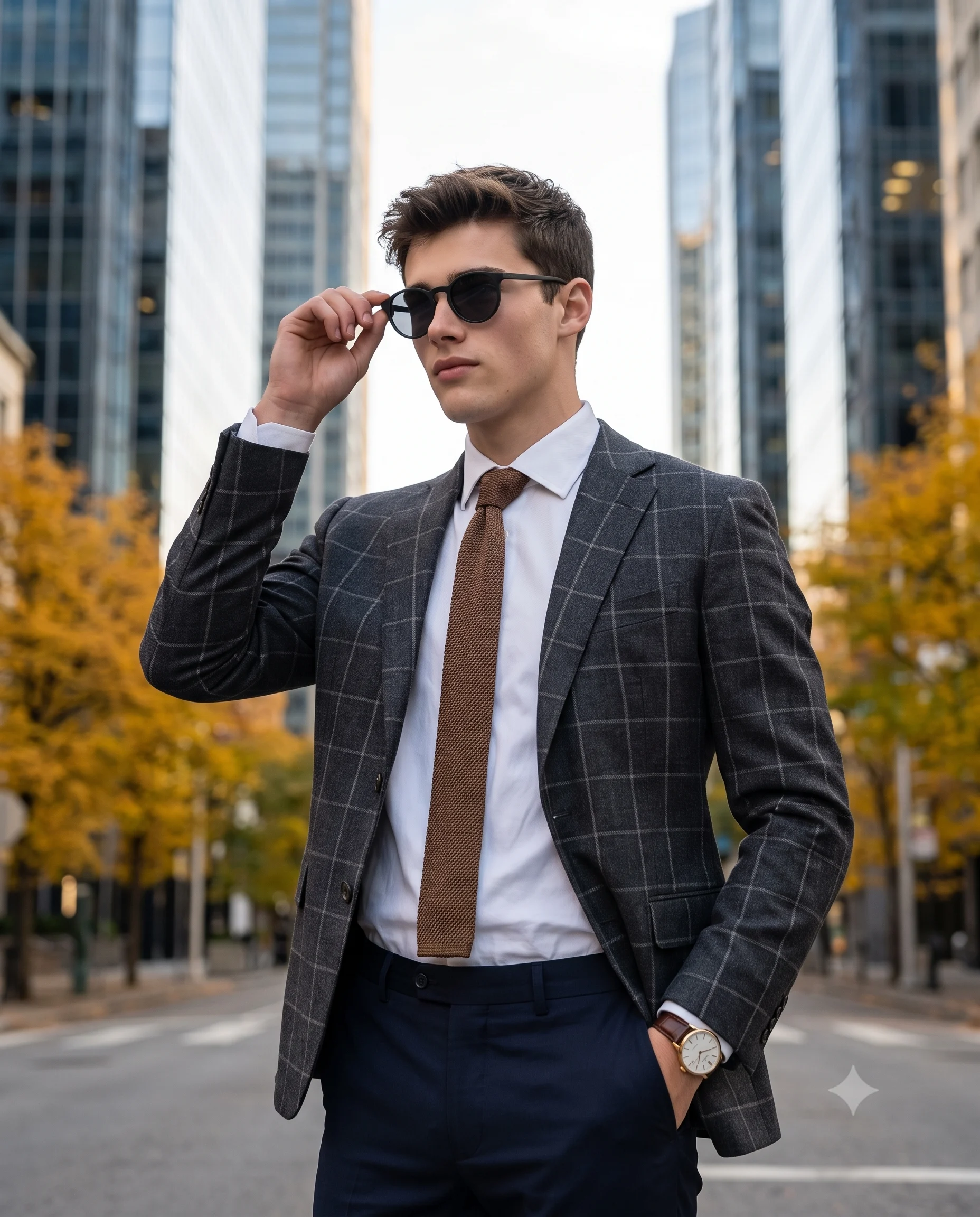 Man in a checked blazer and sunglasses standing on a city street lined with autumn trees