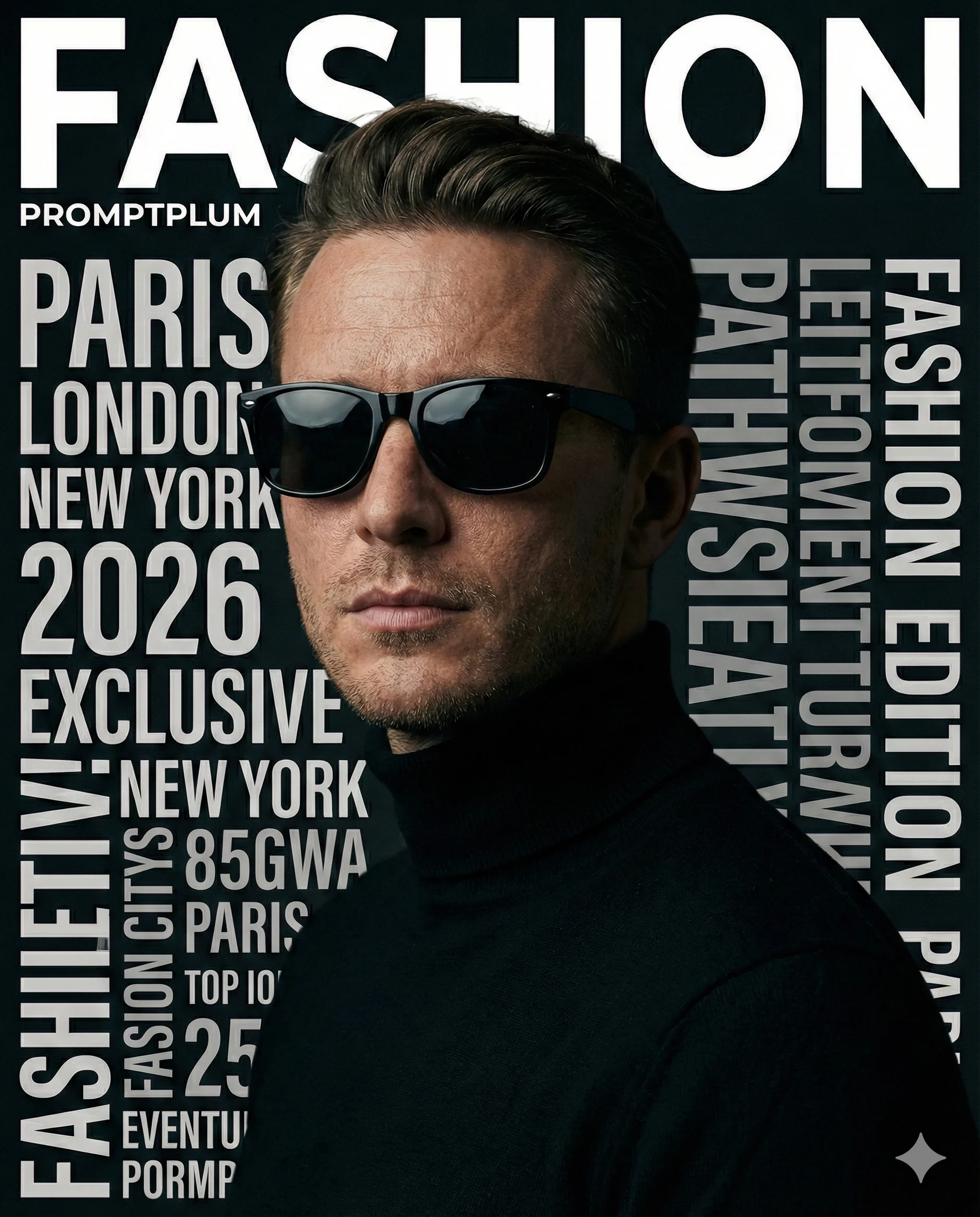 Man in a black turtleneck and dark sunglasses against bold monochrome magazine typography