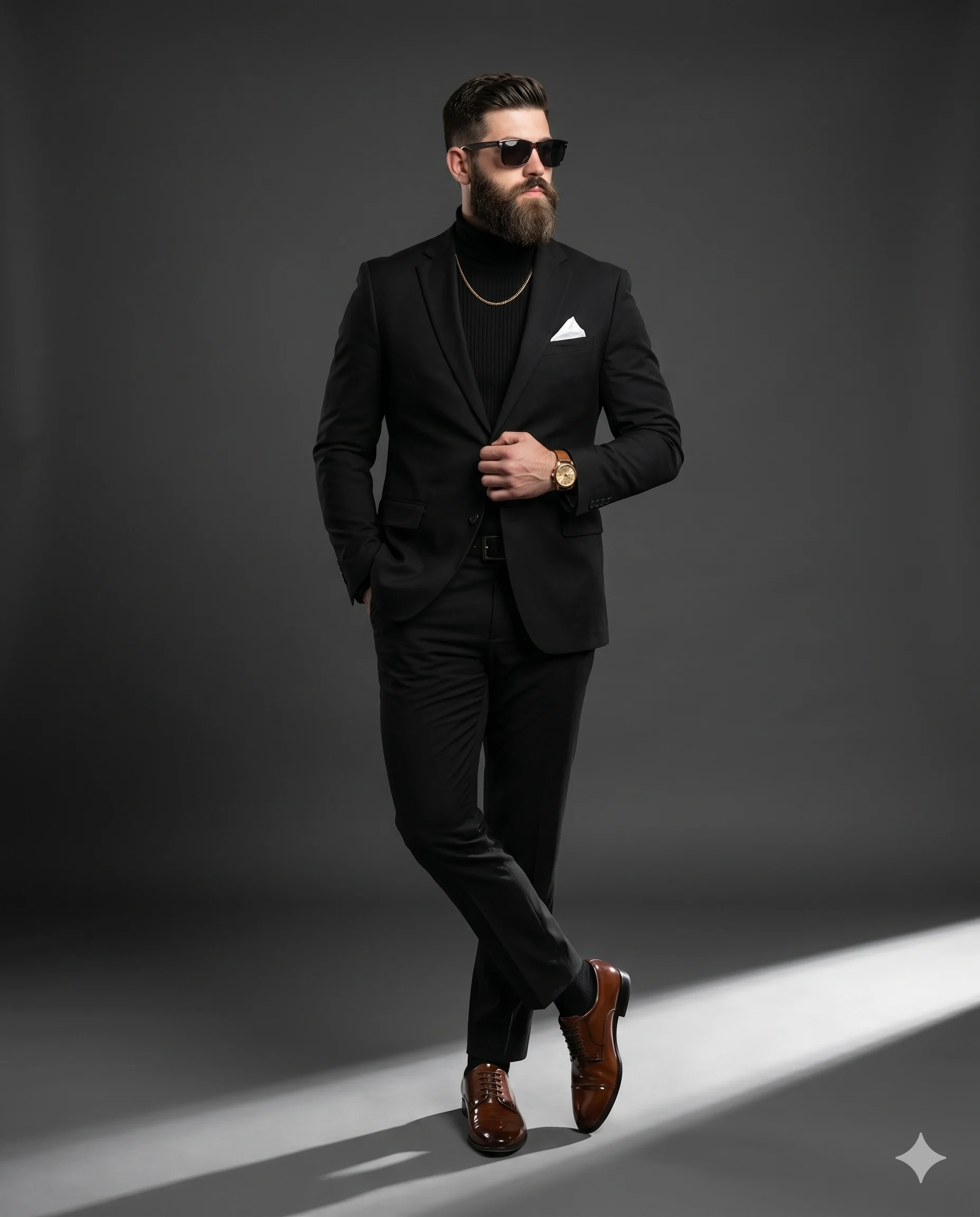 Man in a black suit and turtleneck posing under a diagonal beam in a gray studio
