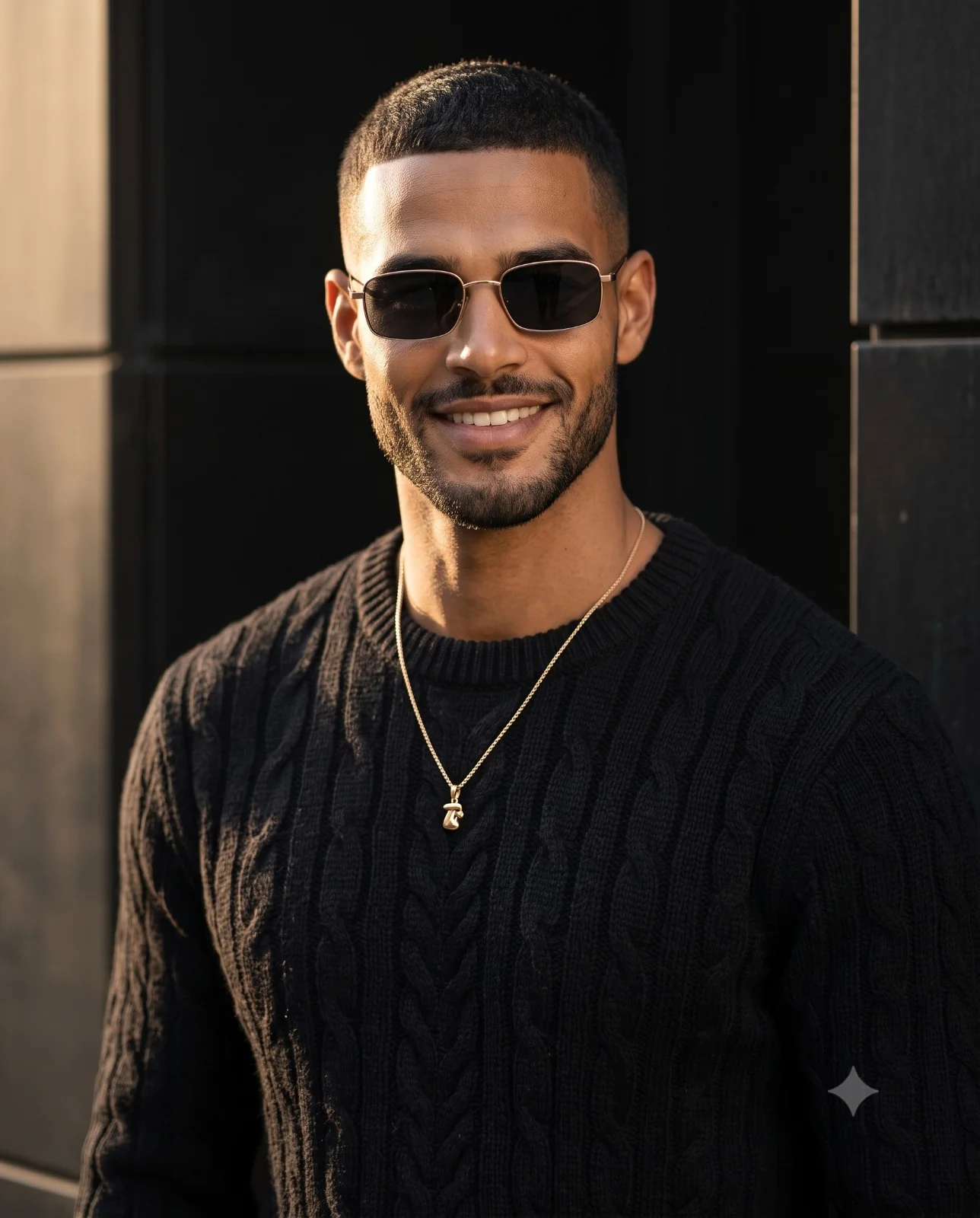 Smiling man in a black cable-knit sweater and sunglasses against a dark wall
