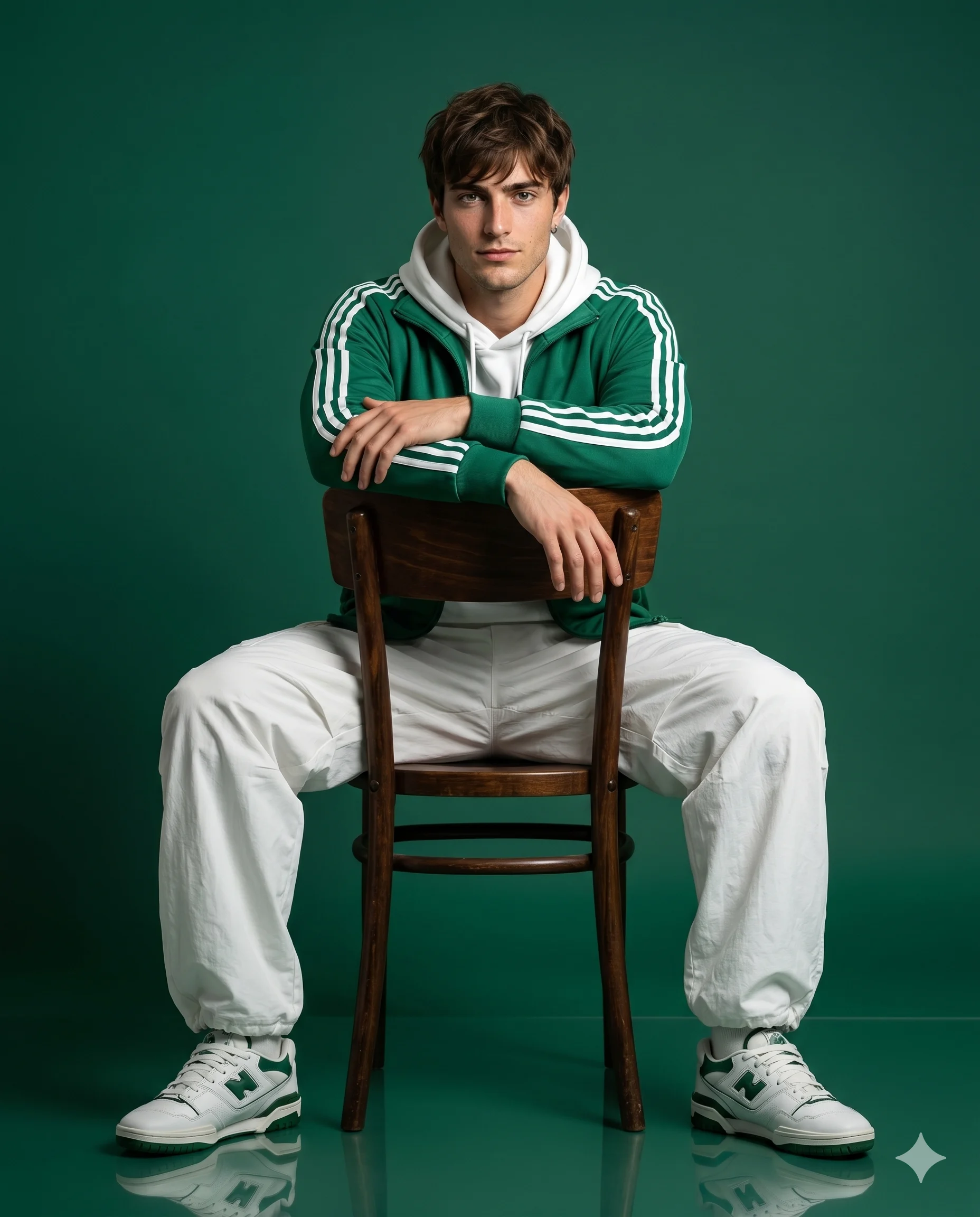 Man in a green track jacket and white trousers seated backward on a wooden chair