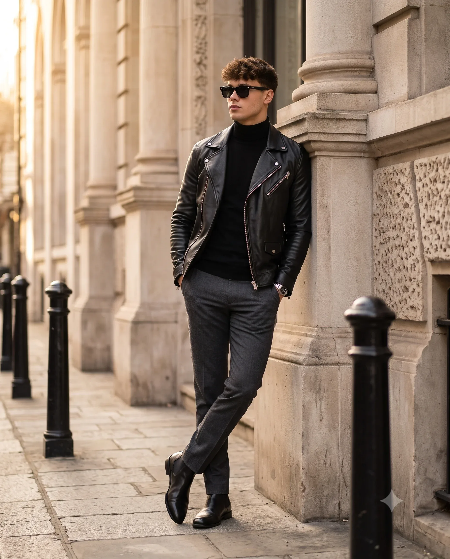 Man in a black leather jacket and sunglasses leaning against a European stone building