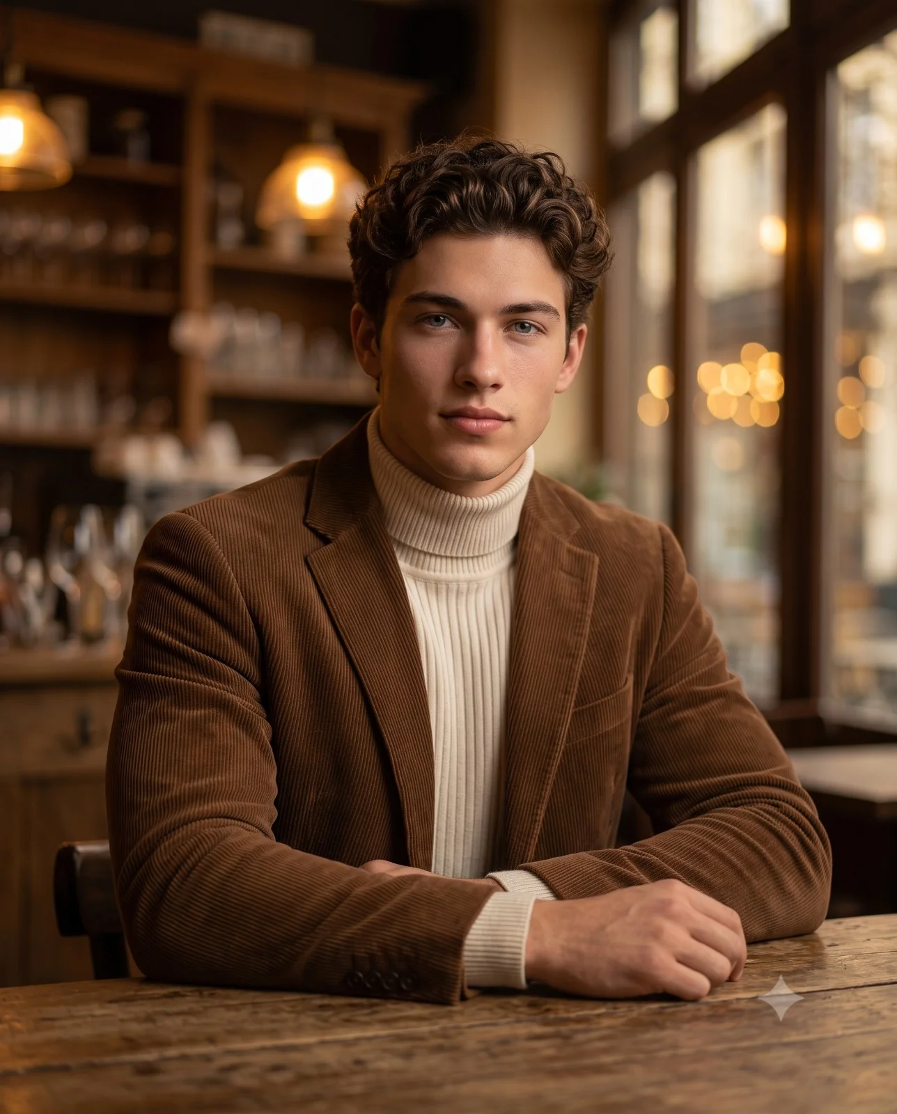 Man in a brown blazer and cream turtleneck seated at a wooden café table