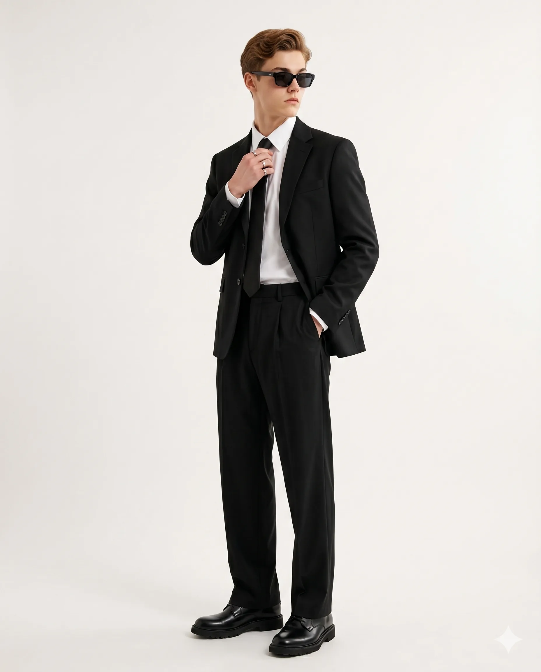 Man in a black suit and sunglasses adjusting his tie against a white studio background