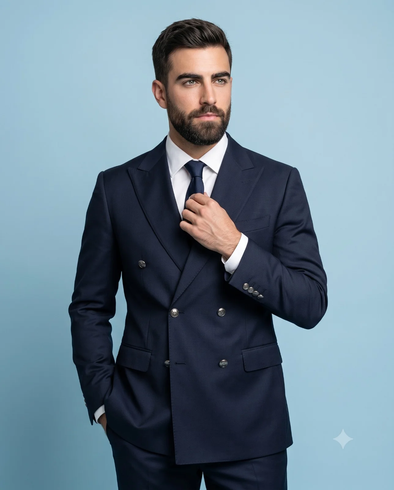 Man in a navy double-breasted suit adjusting his tie against a light-blue background