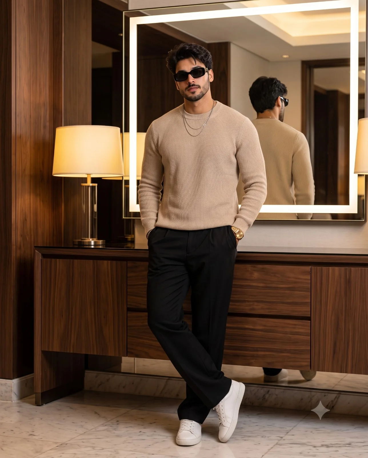 Man in a beige sweater and black trousers standing beside a hotel console and mirror