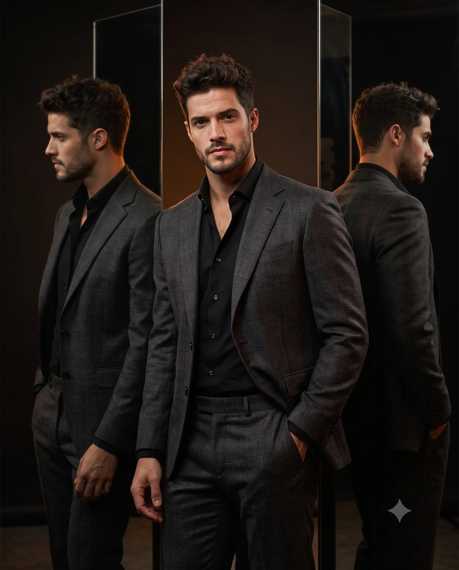 Man in a charcoal plaid suit standing between two dark mirror reflections