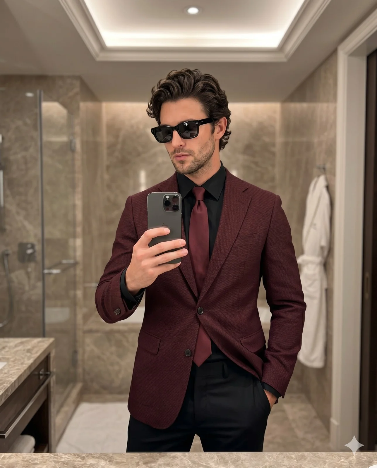 Man in a burgundy blazer and black sunglasses taking a bathroom mirror selfie