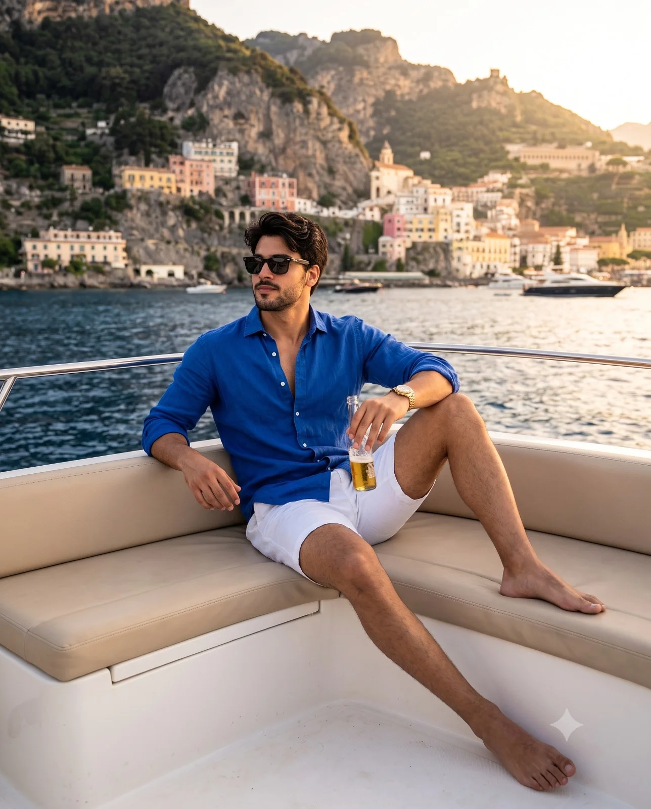 Man in a royal-blue shirt relaxing barefoot on a yacht along the Amalfi Coast