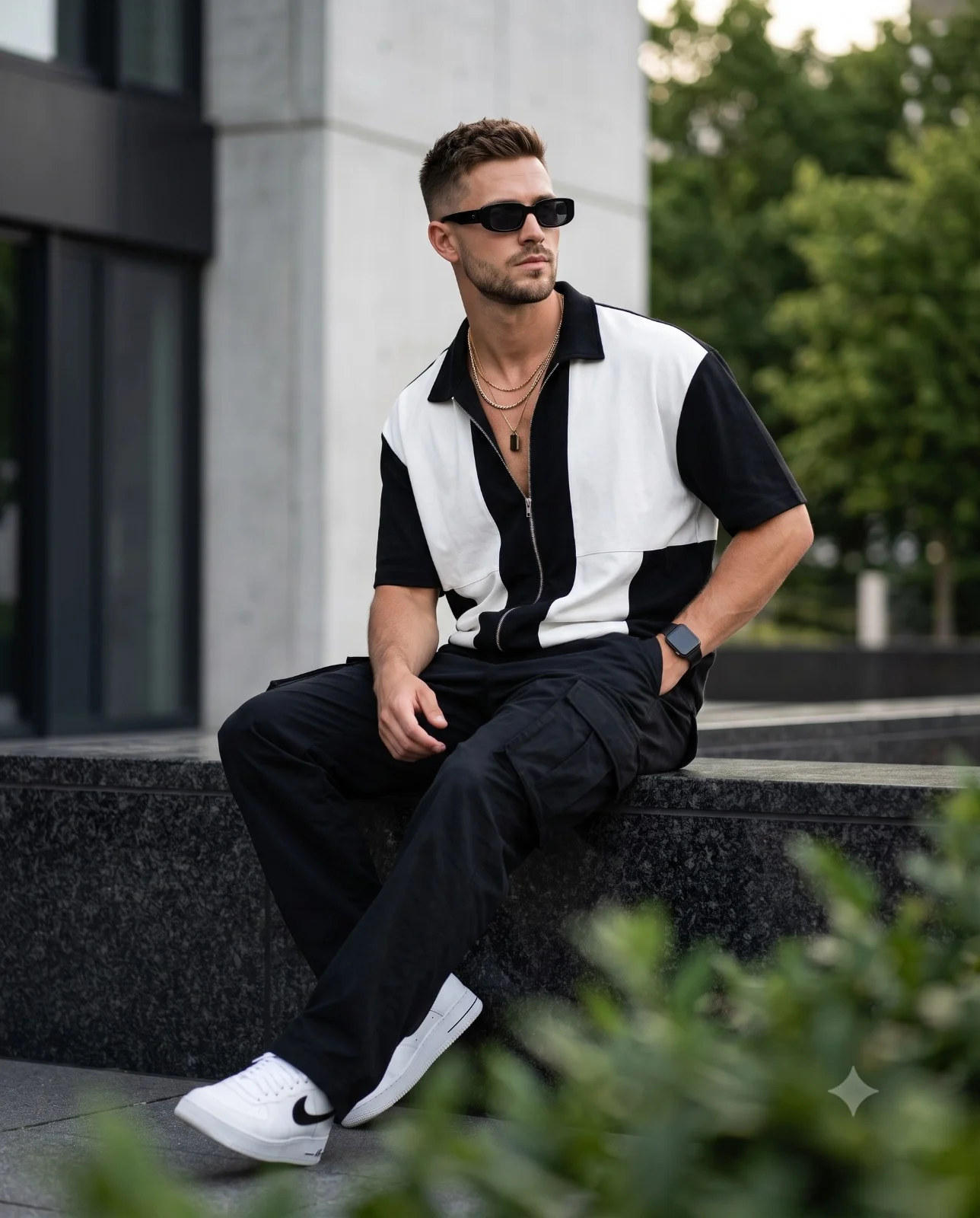Man in black-and-white streetwear seated on a polished city building ledge