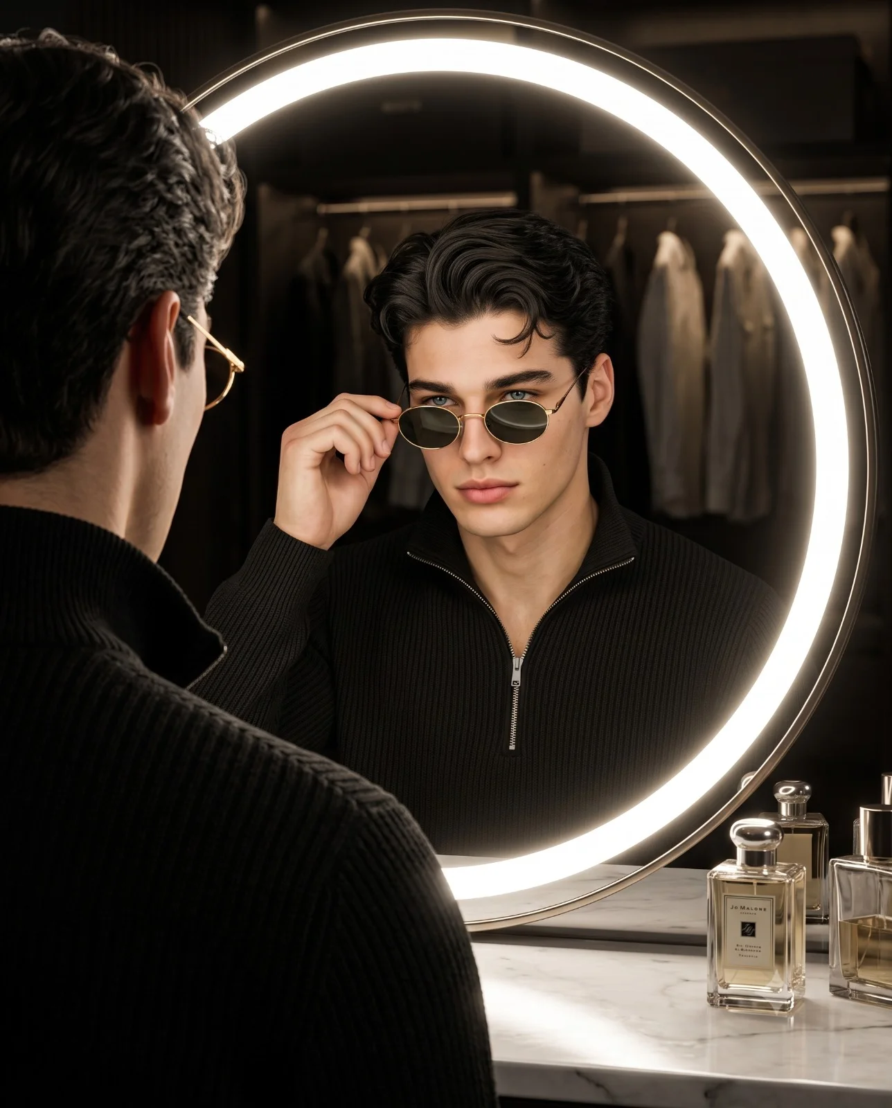 Man adjusting gold-rimmed oval sunglasses in a glowing circular mirror