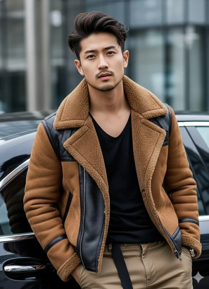 Man wearing a tan shearling aviator jacket with black leather panels beside a car