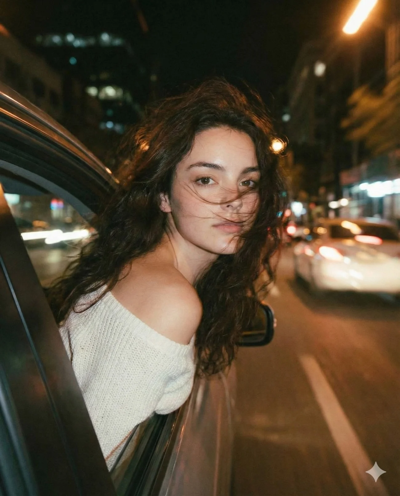 Woman with long wavy hair leaning from a car window at night in a white knit top