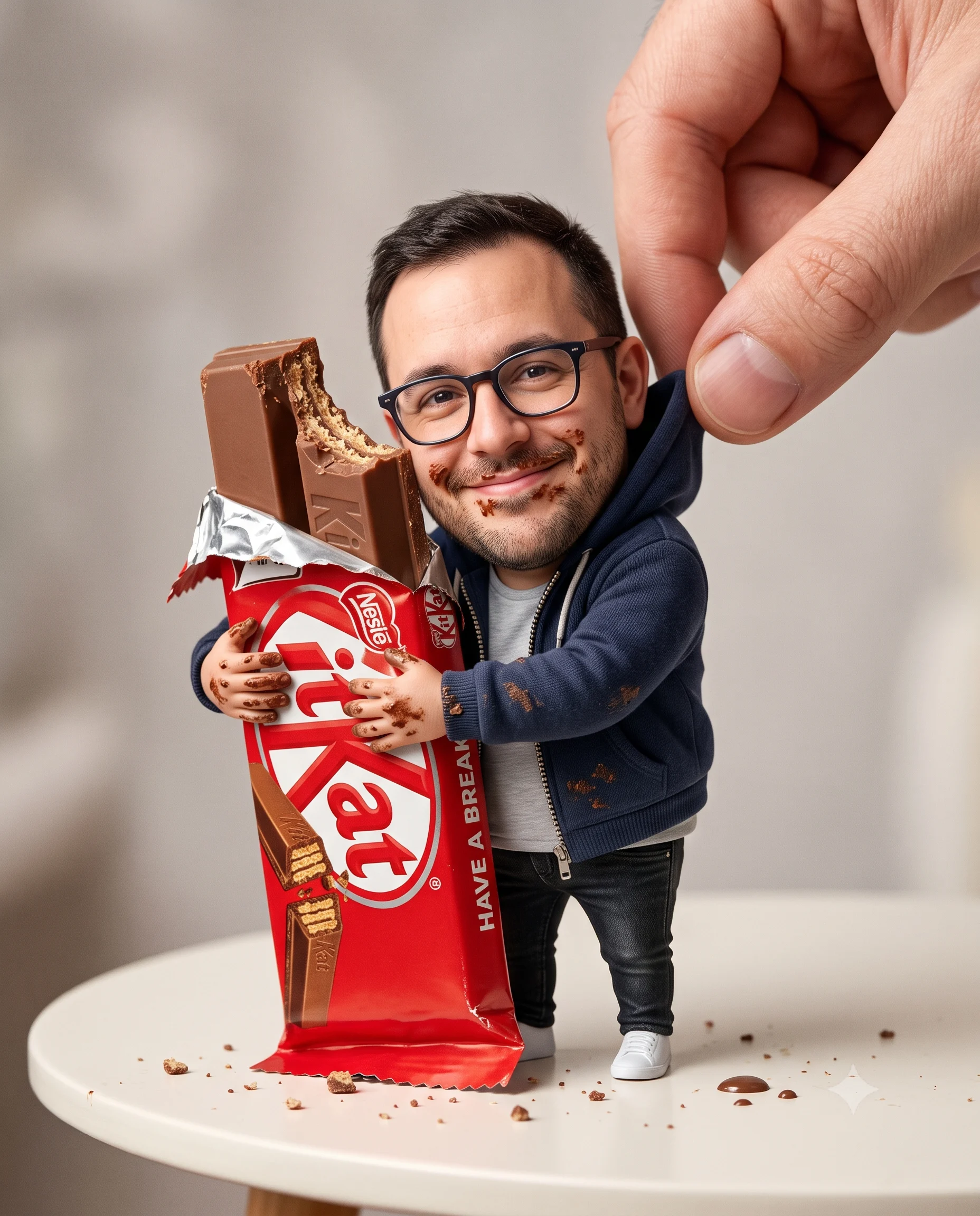 Tiny smiling man hugging a giant red chocolate bar on a tabletop