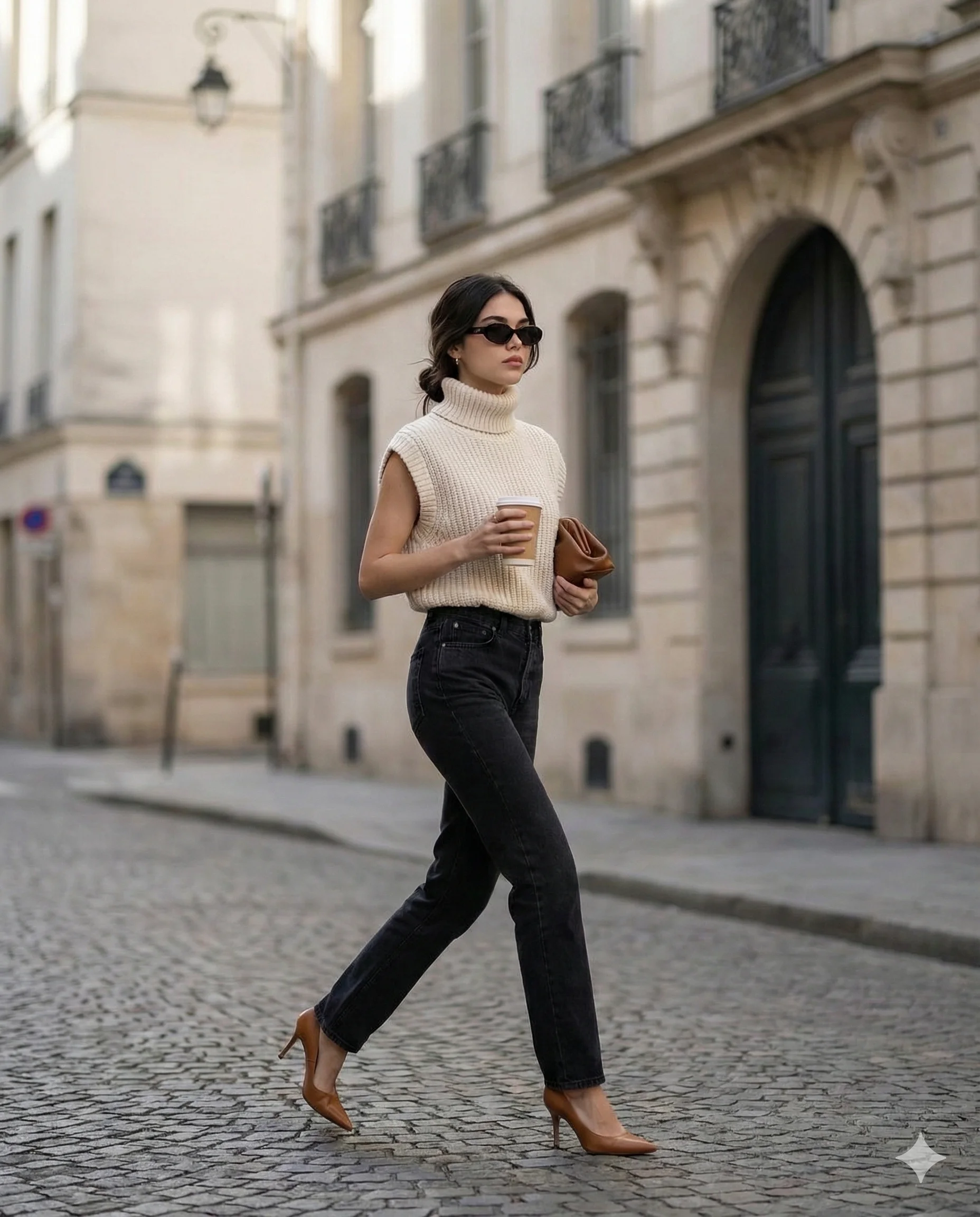 Woman in a sleeveless cream knit and charcoal jeans walking with coffee on a European street
