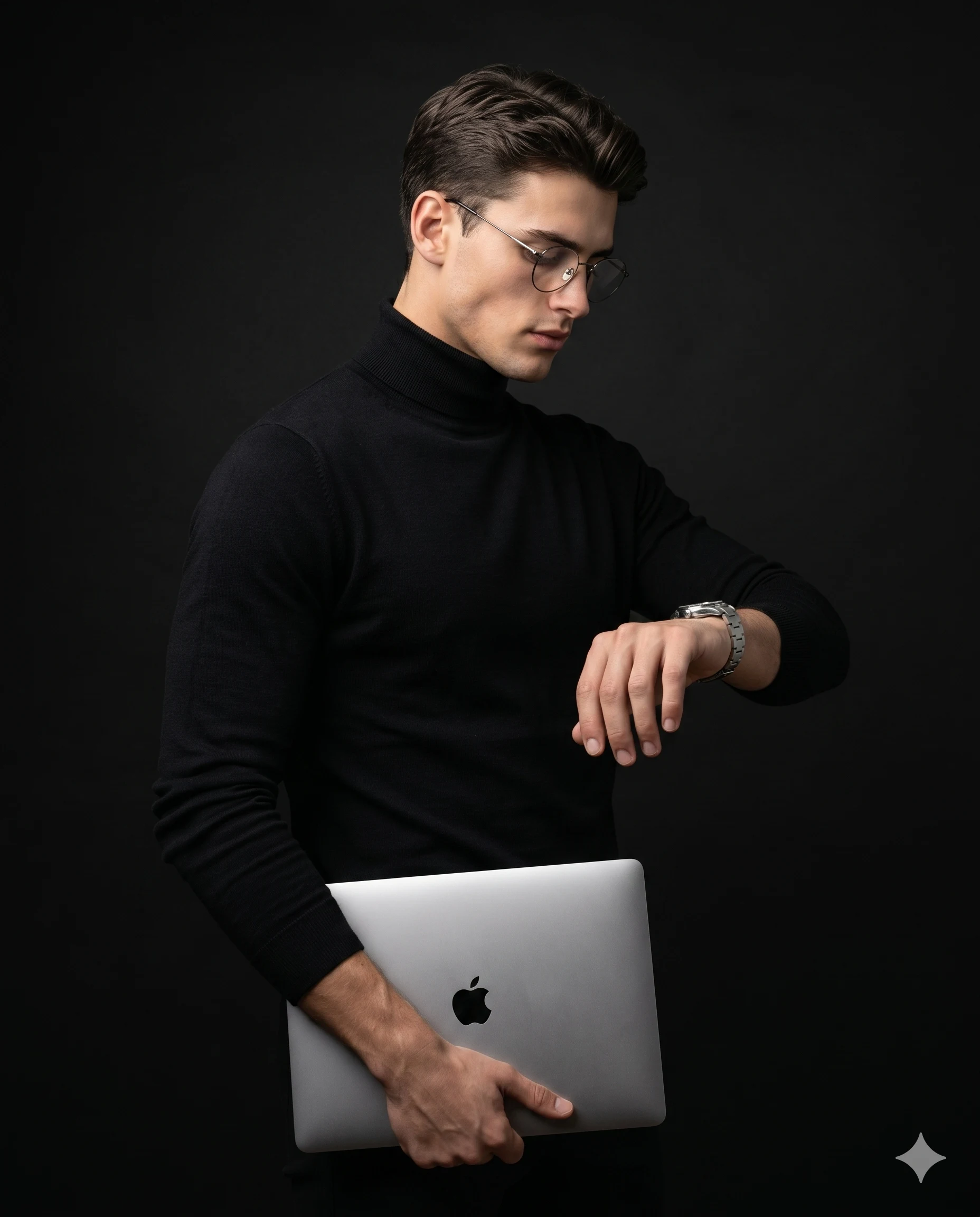 Man in a black turtleneck checking his wristwatch while holding a silver laptop