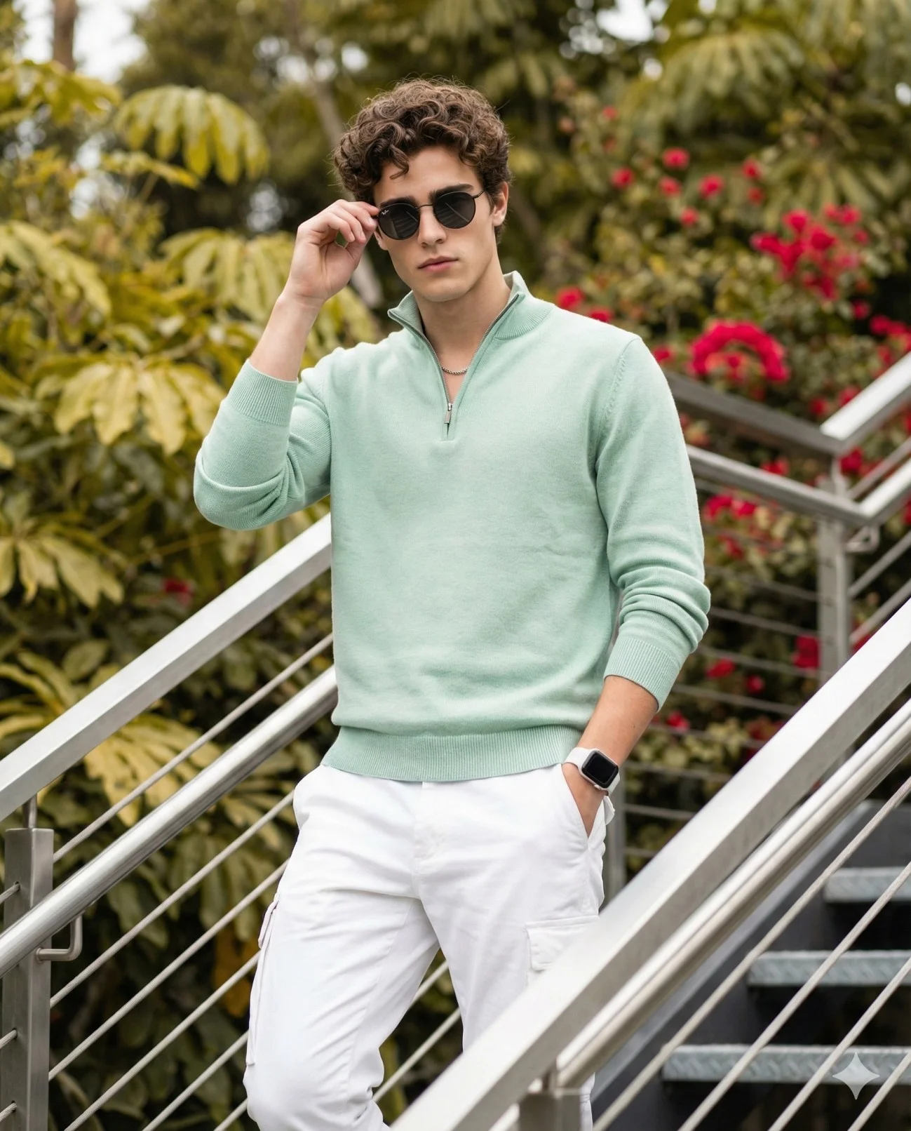 Man in a mint quarter-zip descending outdoor stairs while adjusting sunglasses