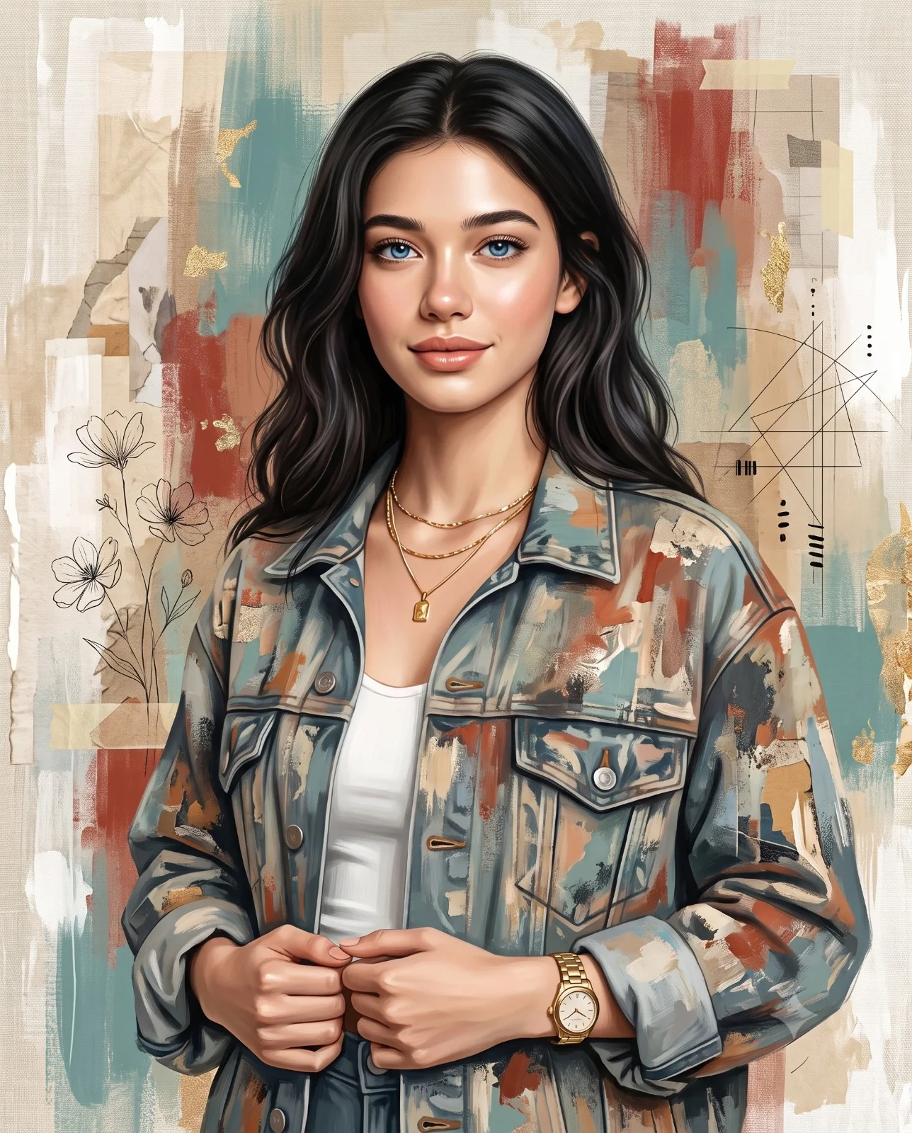 Blue-eyed woman in an abstract painted denim jacket against a mixed-media collage