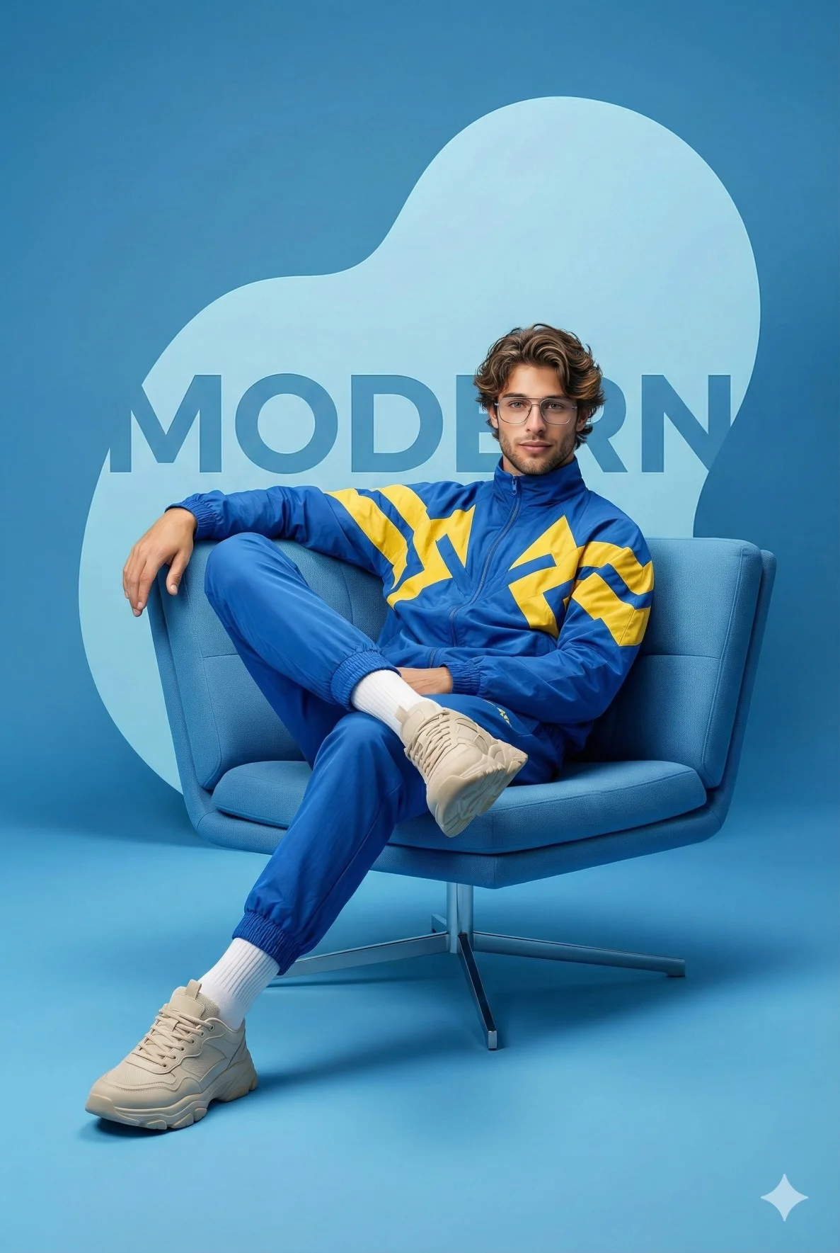 Man in a blue patterned tracksuit seated on a blue chair before a MODERN graphic