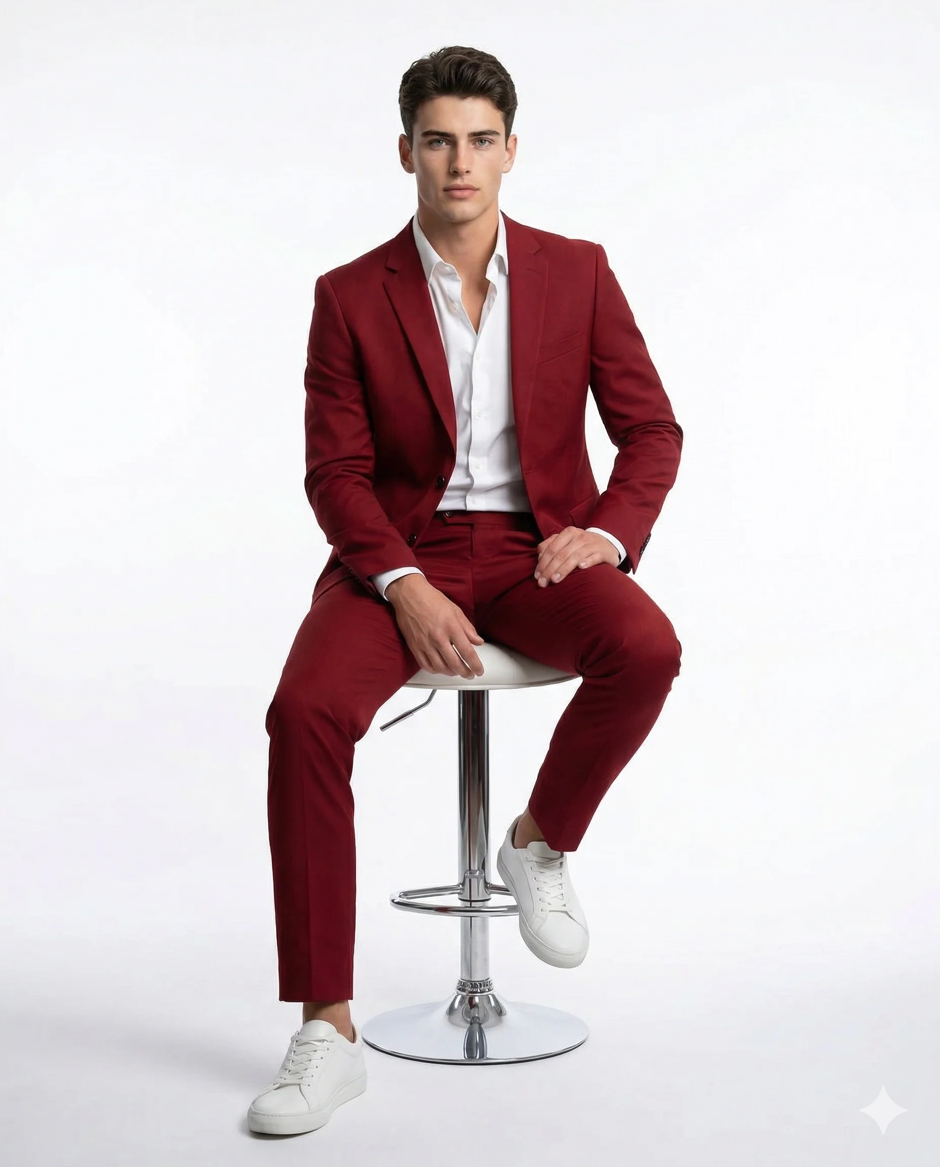 Man in a deep-red suit and white sneakers seated on a white studio stool