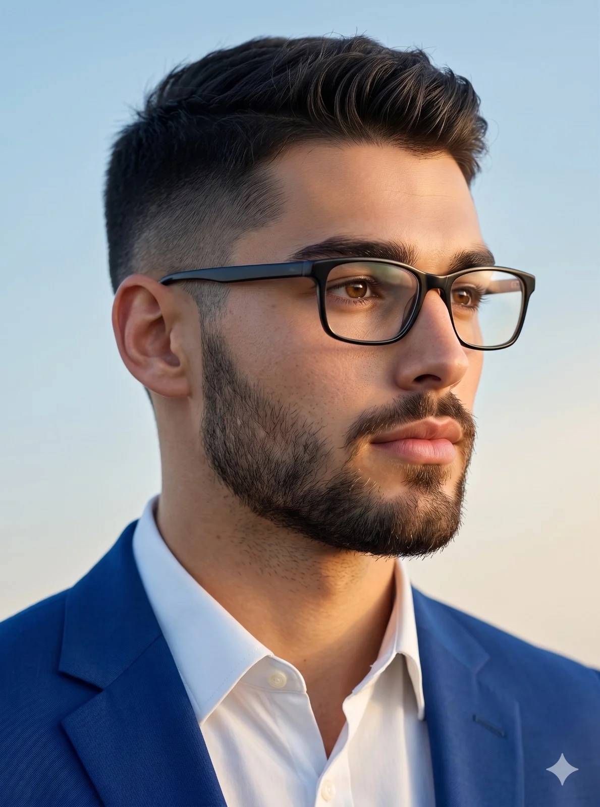 Man in a royal-blue blazer and black glasses shown in three-quarter profile