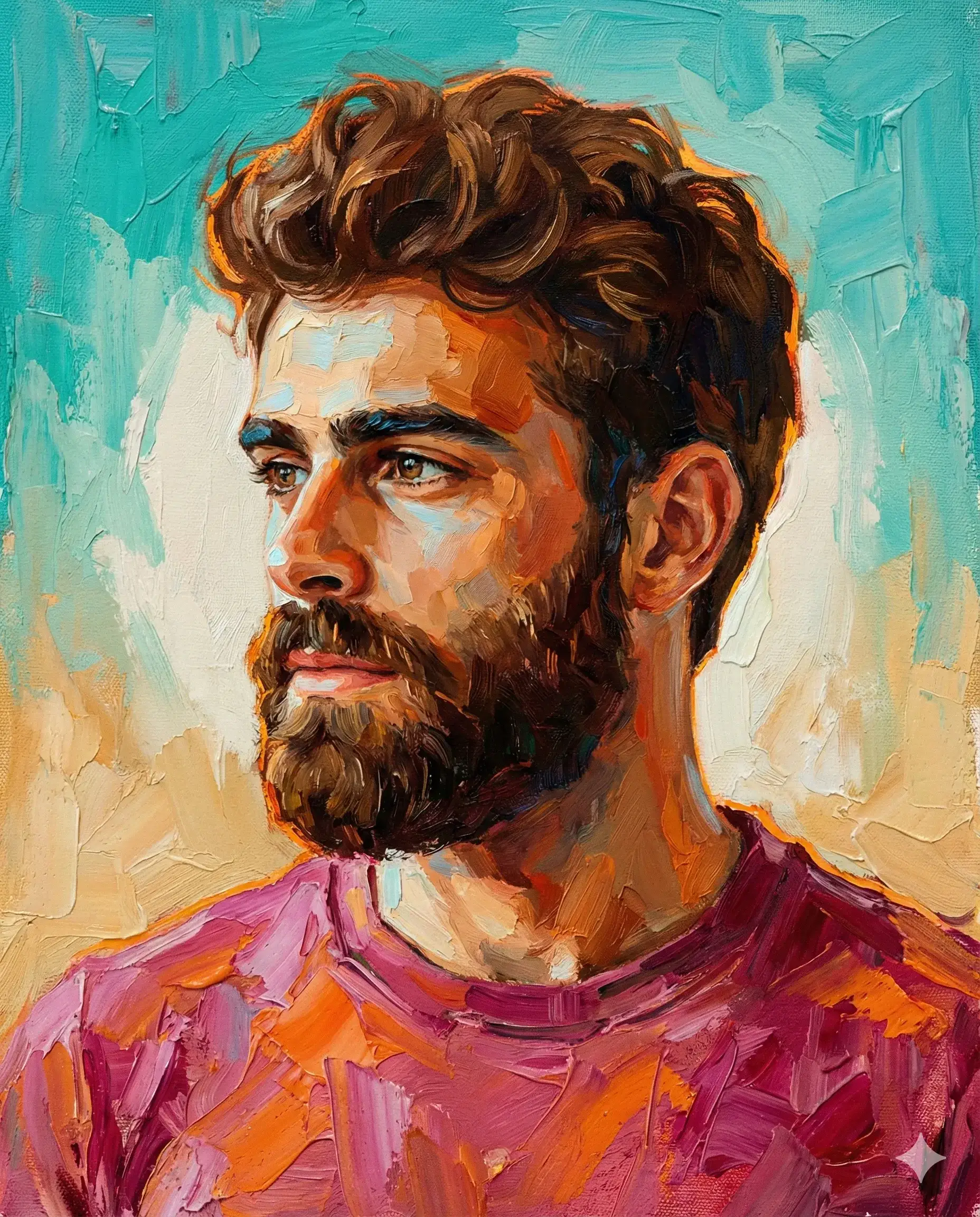 Three-quarter portrait painted with thick teal, orange, and magenta impasto strokes
