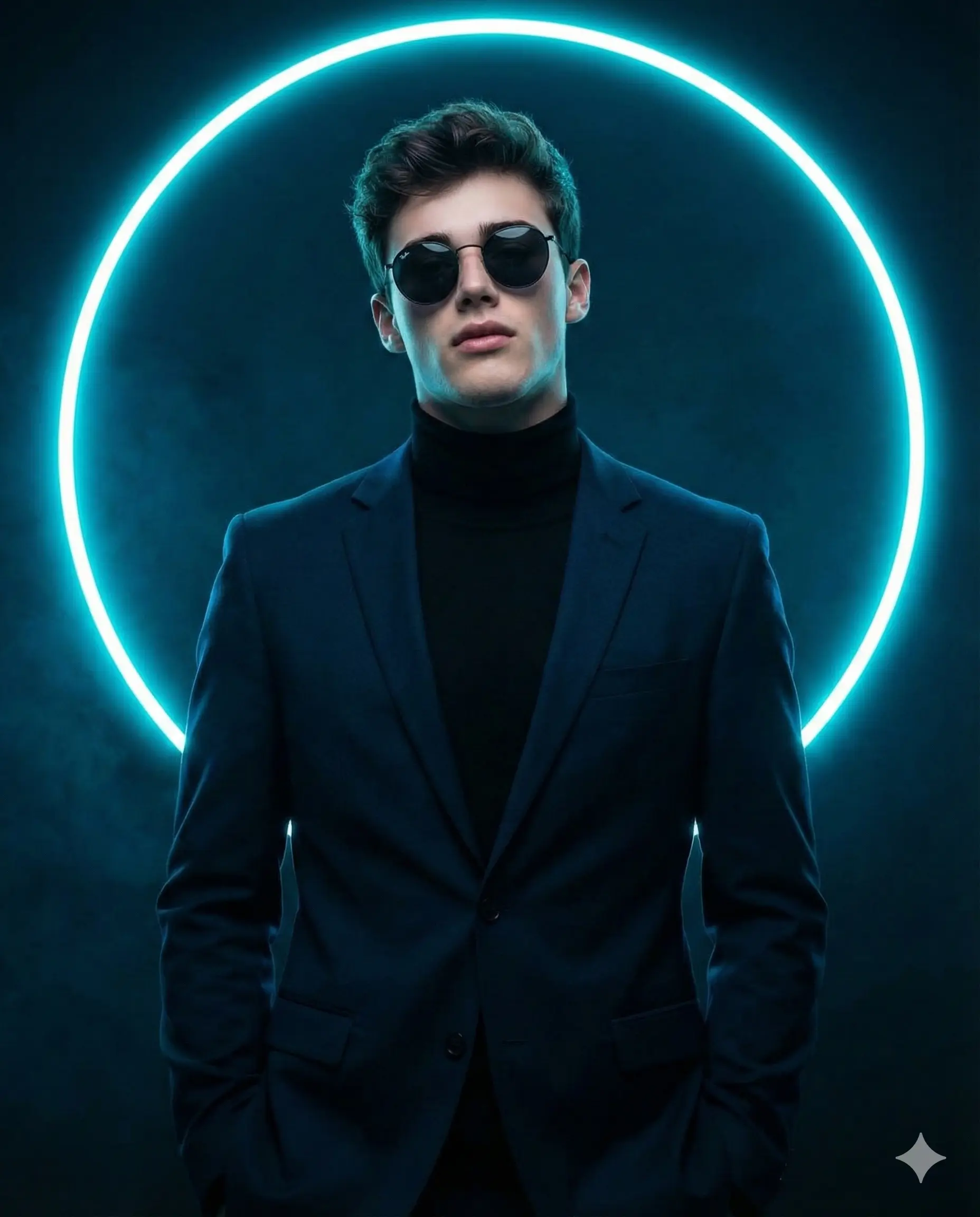 Man in a dark suit and round sunglasses centered before a cyan neon ring