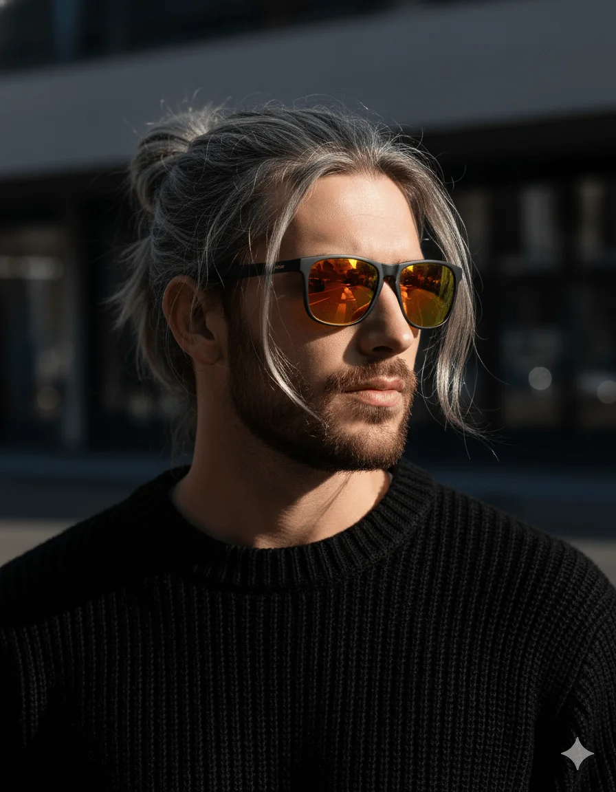 Adult man with ash-gray hair in a bun wearing orange glasses and black knitwear
