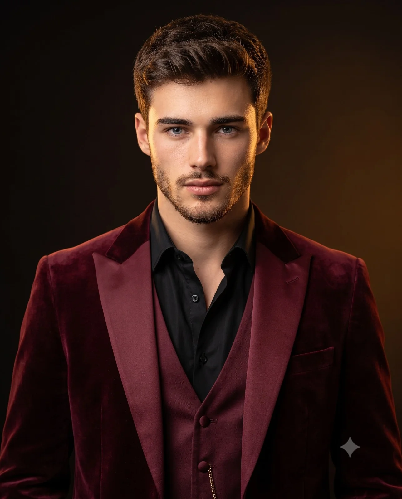 Man in a burgundy velvet tuxedo lit by warm rim light against a dark studio background