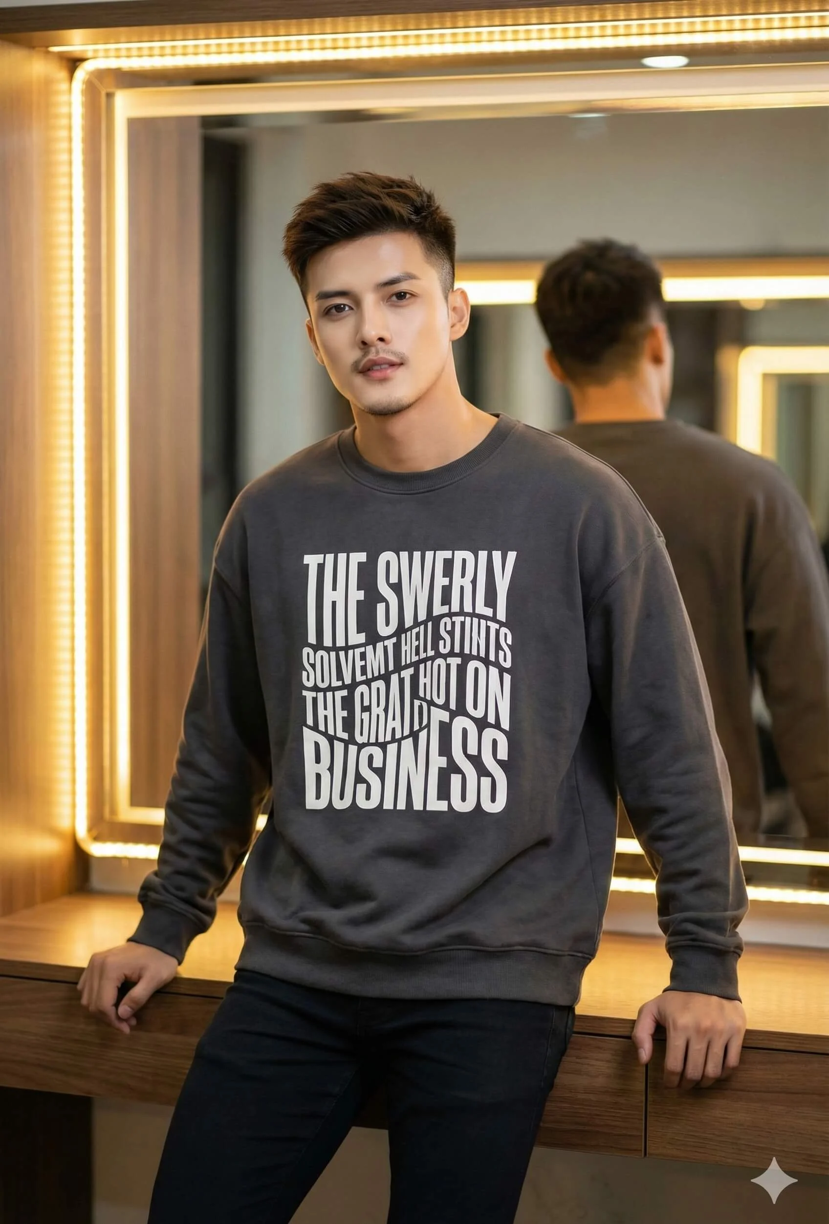 Man in a black sweatshirt leaning at a wooden counter beside a warm LED mirror