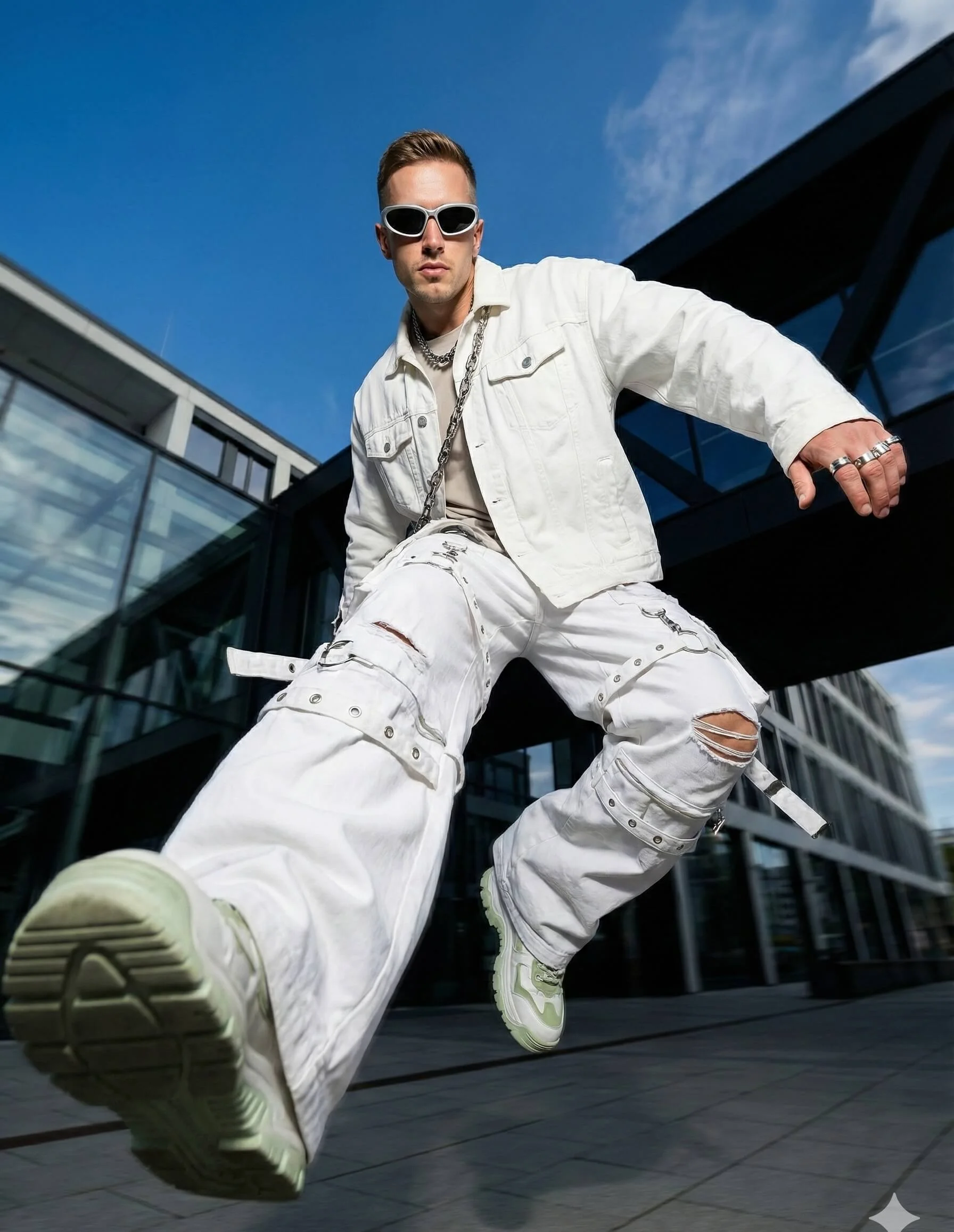 Man in oversized white techwear jumping toward the camera above an urban setting