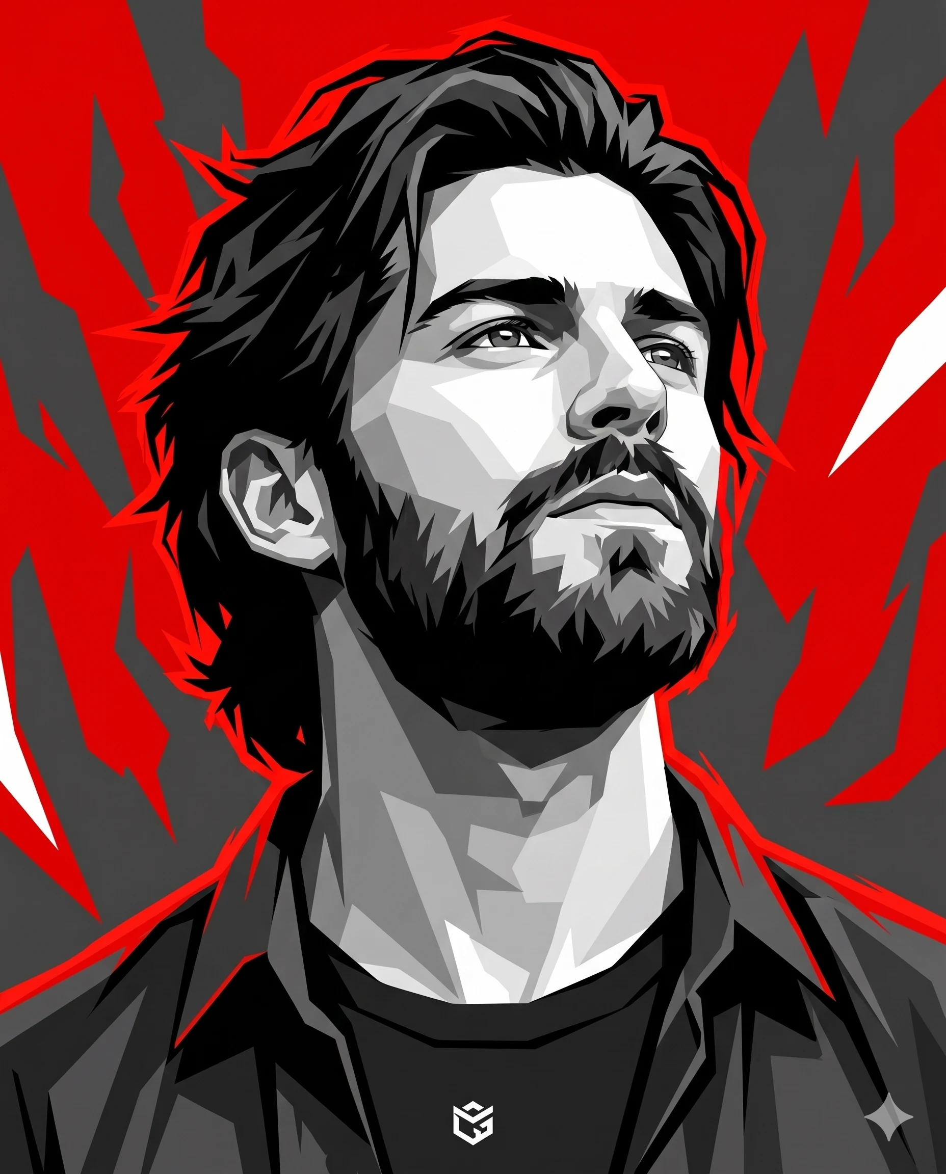 Low-angle grayscale vector portrait of a man outlined in red against dark geometric shards