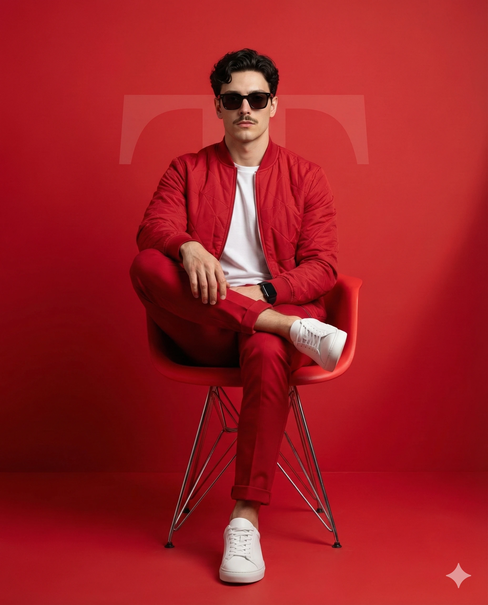 Man in a red bomber jacket and trousers seated in a red studio