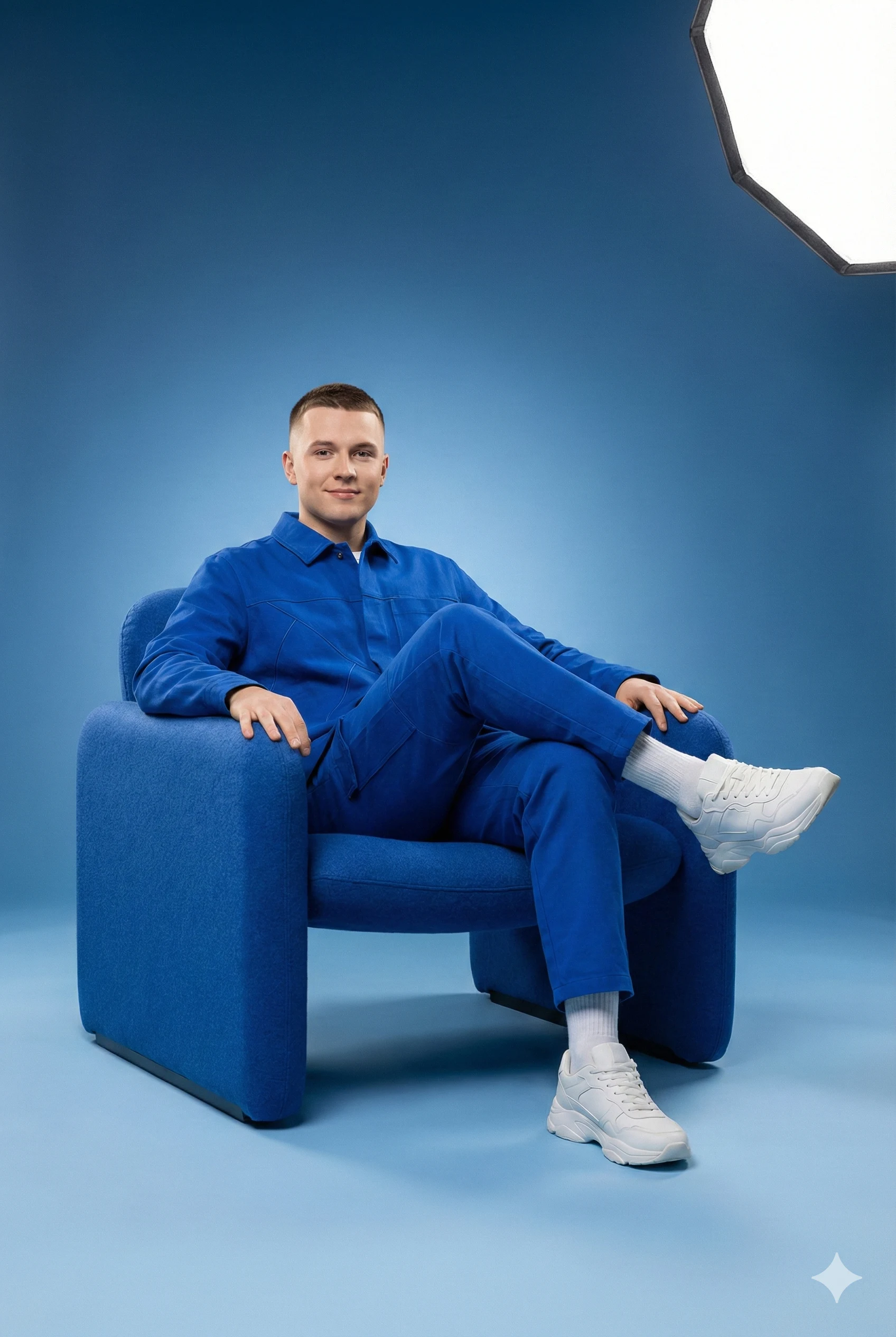 Man in a bright blue outfit seated in a blue sculptural armchair
