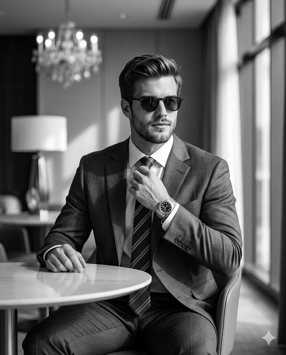 Man in a gray suit and sunglasses adjusting his tie at a round table