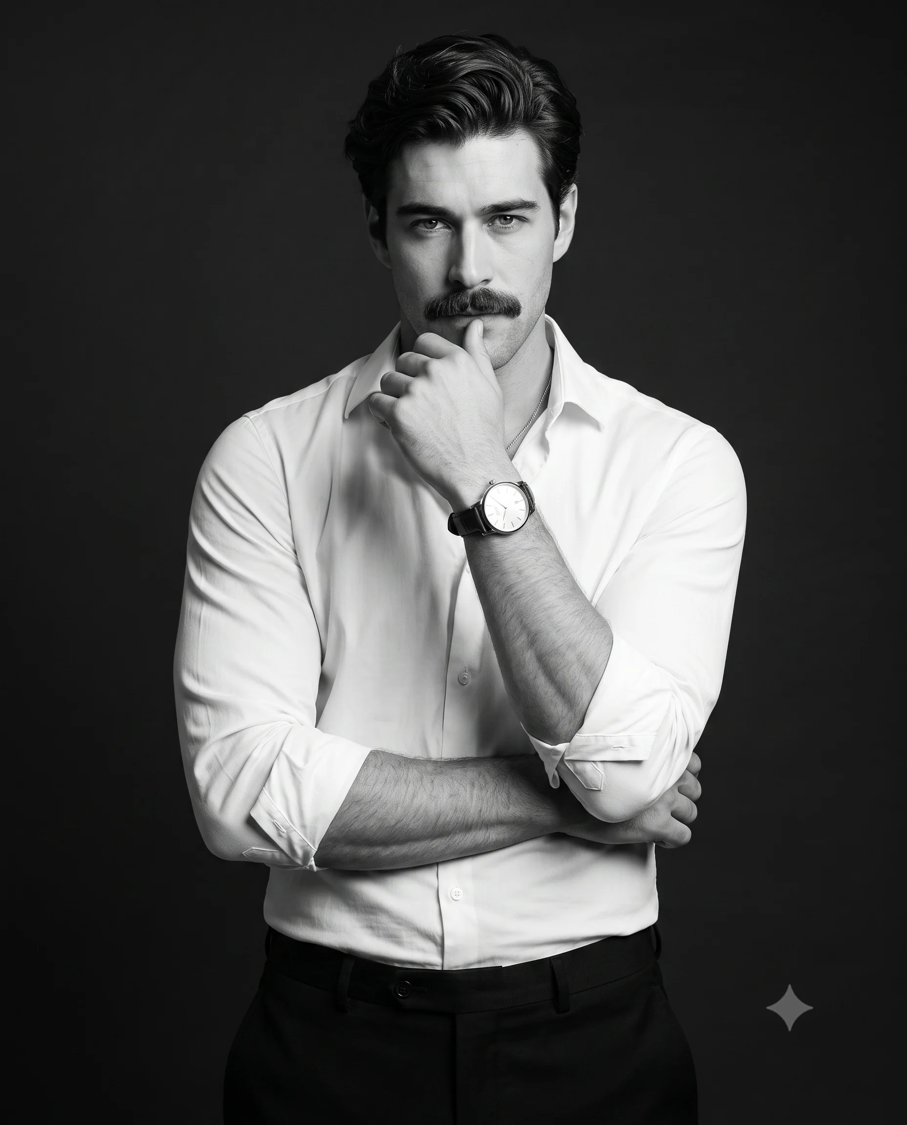 Thoughtful man in a white shirt resting one hand near his chin