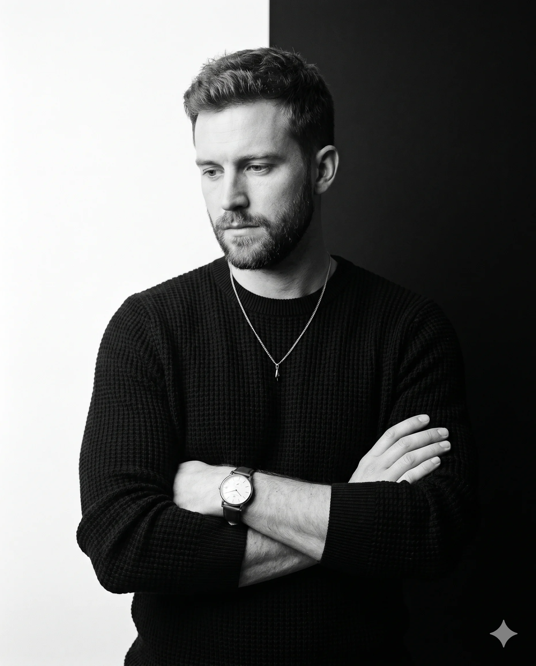 Pensive man with crossed arms before a split black-and-white background