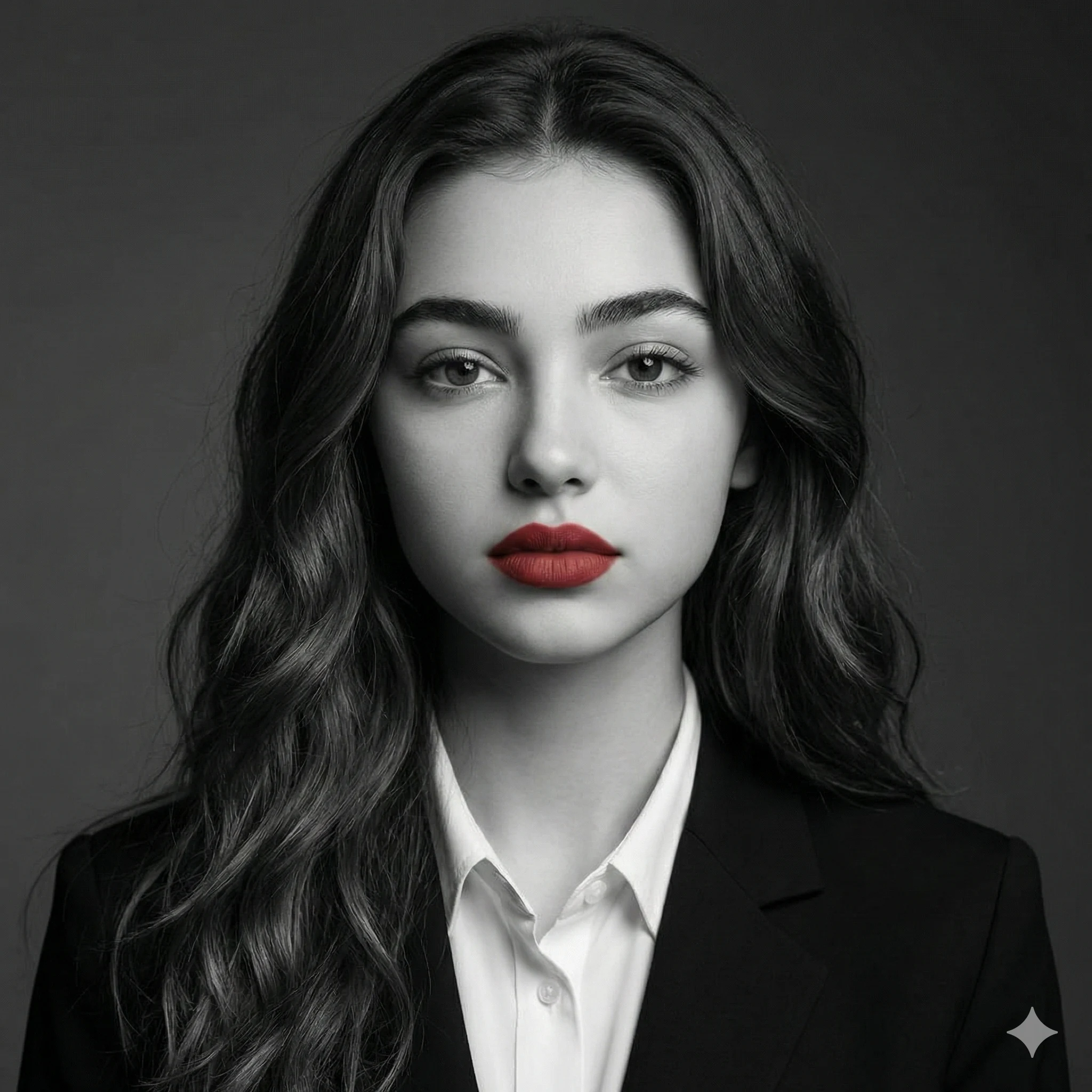 Monochrome headshot of a woman with vivid red lipstick