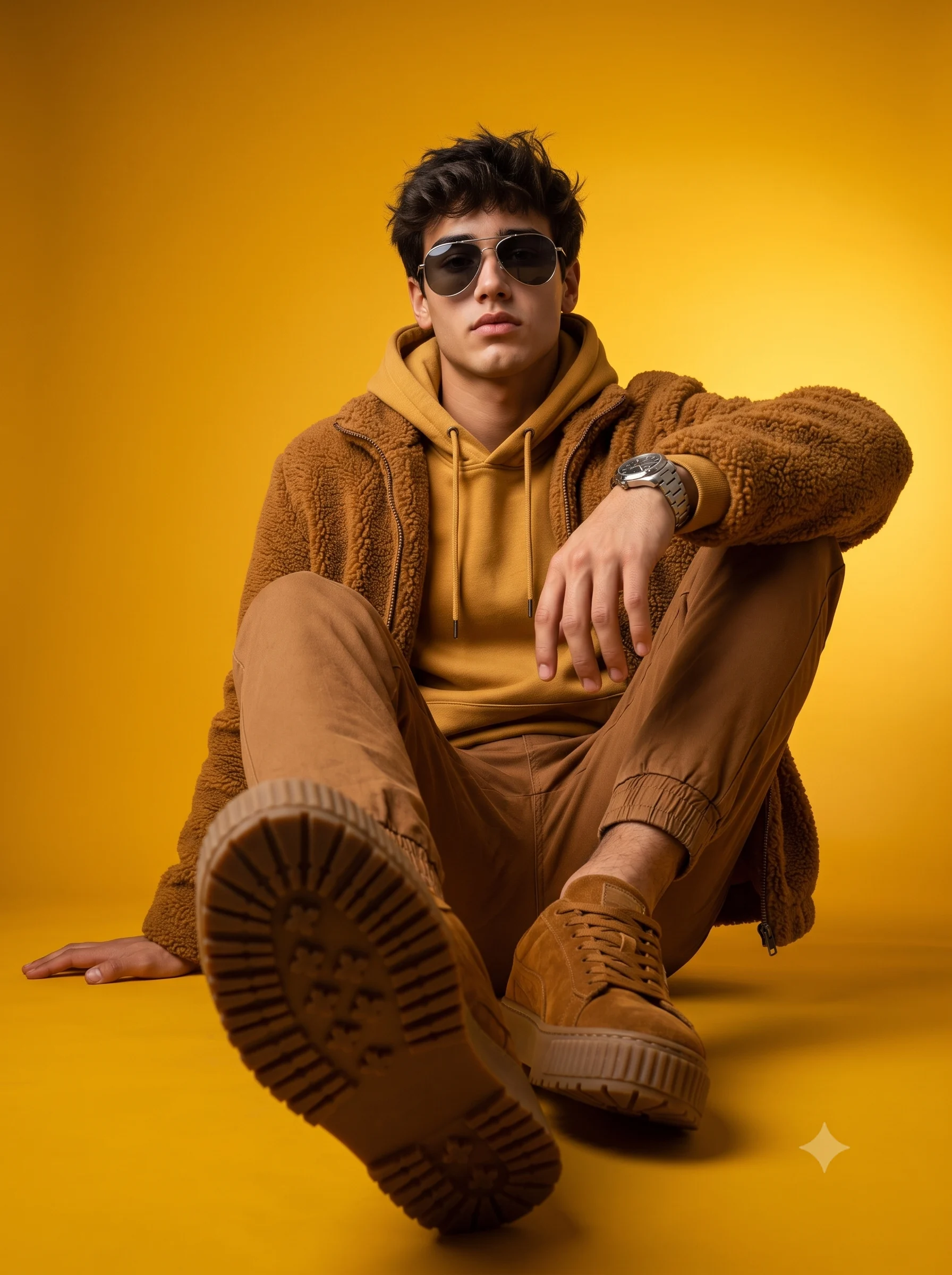 Man in layered brown streetwear seated against a vivid yellow studio backdrop