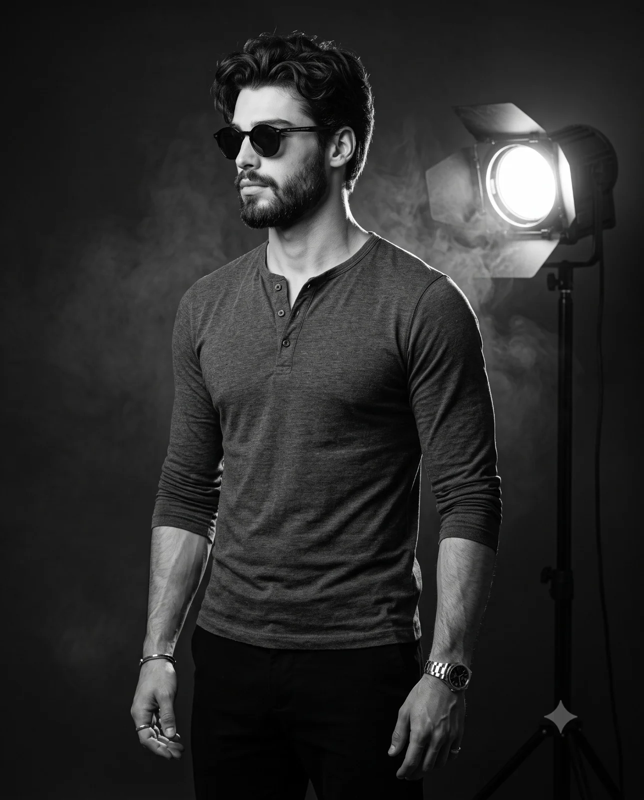 Man in sunglasses standing beside a glowing studio spotlight in monochrome