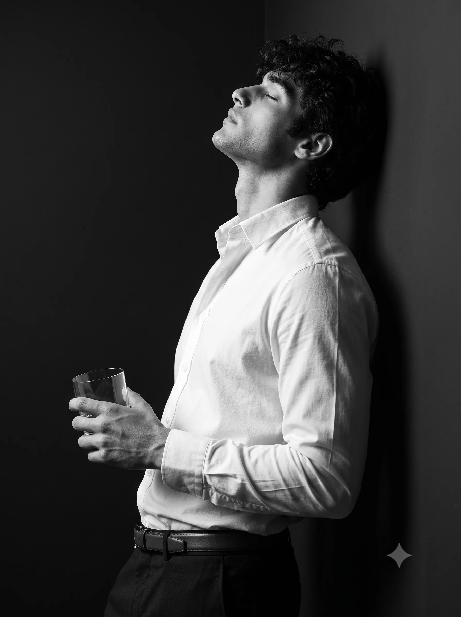 Man in a white shirt holding an empty glass in black-and-white profile