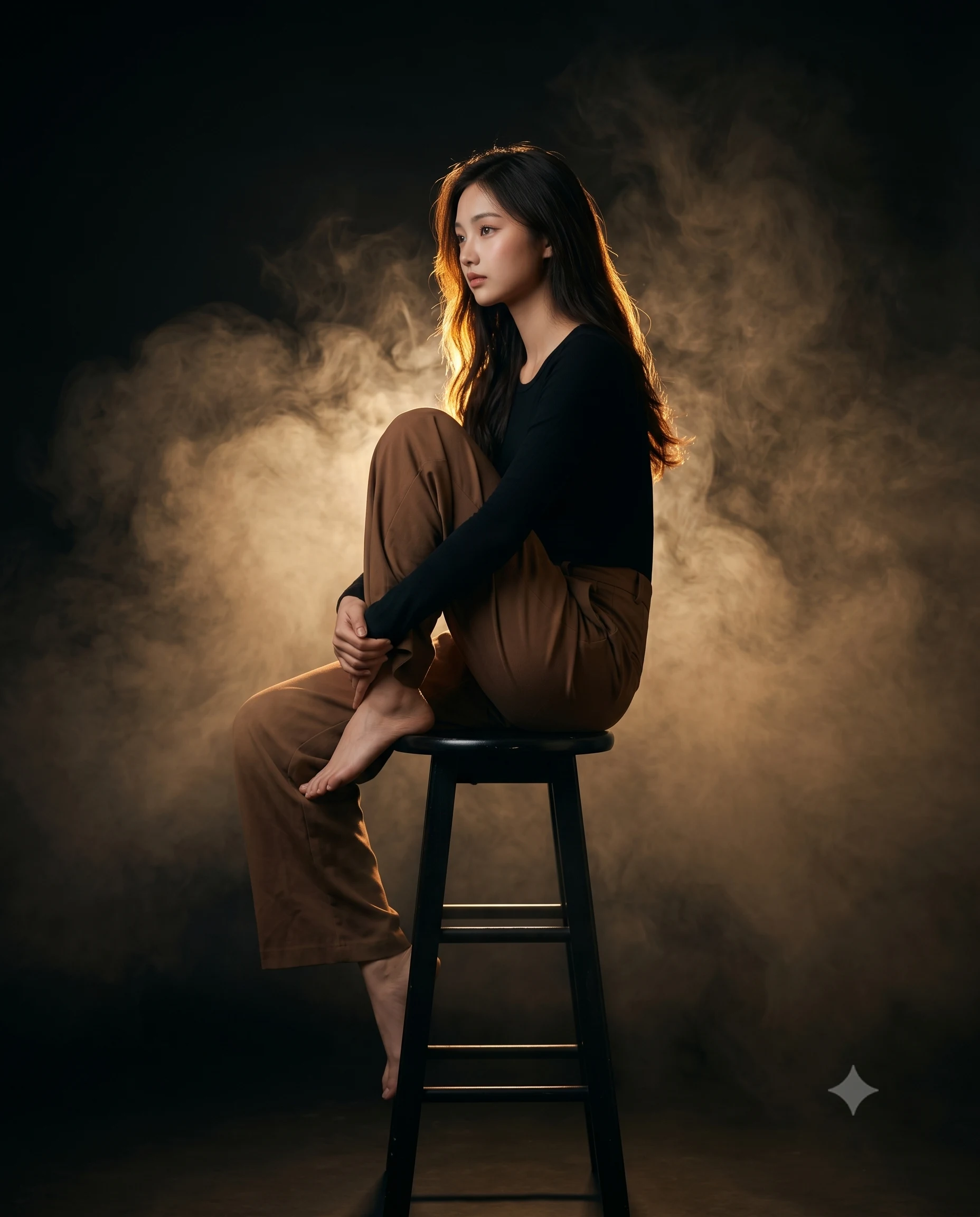 Barefoot woman seated sideways on a stool amid glowing golden smoke