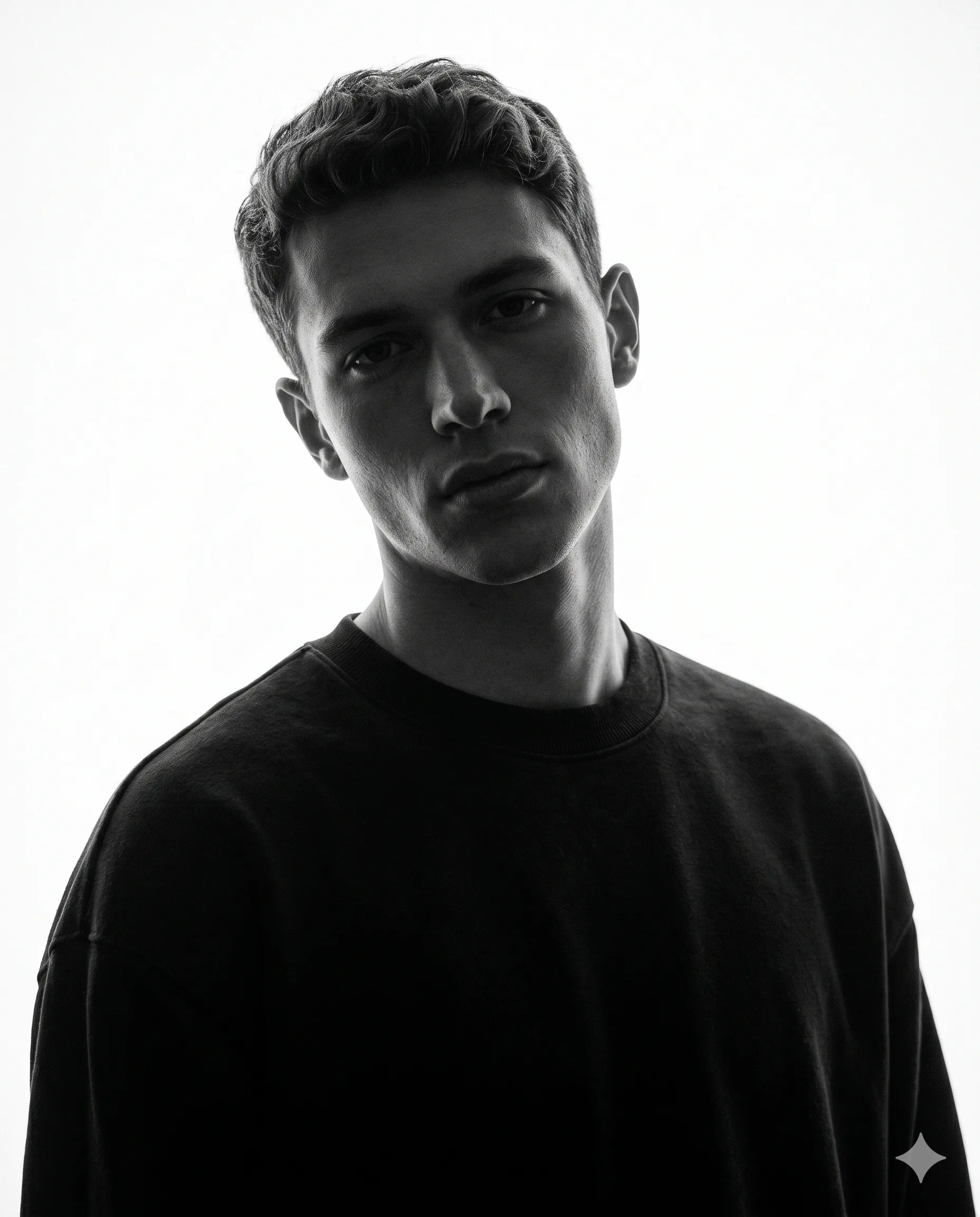 Shadowed male portrait outlined by light against a white studio background