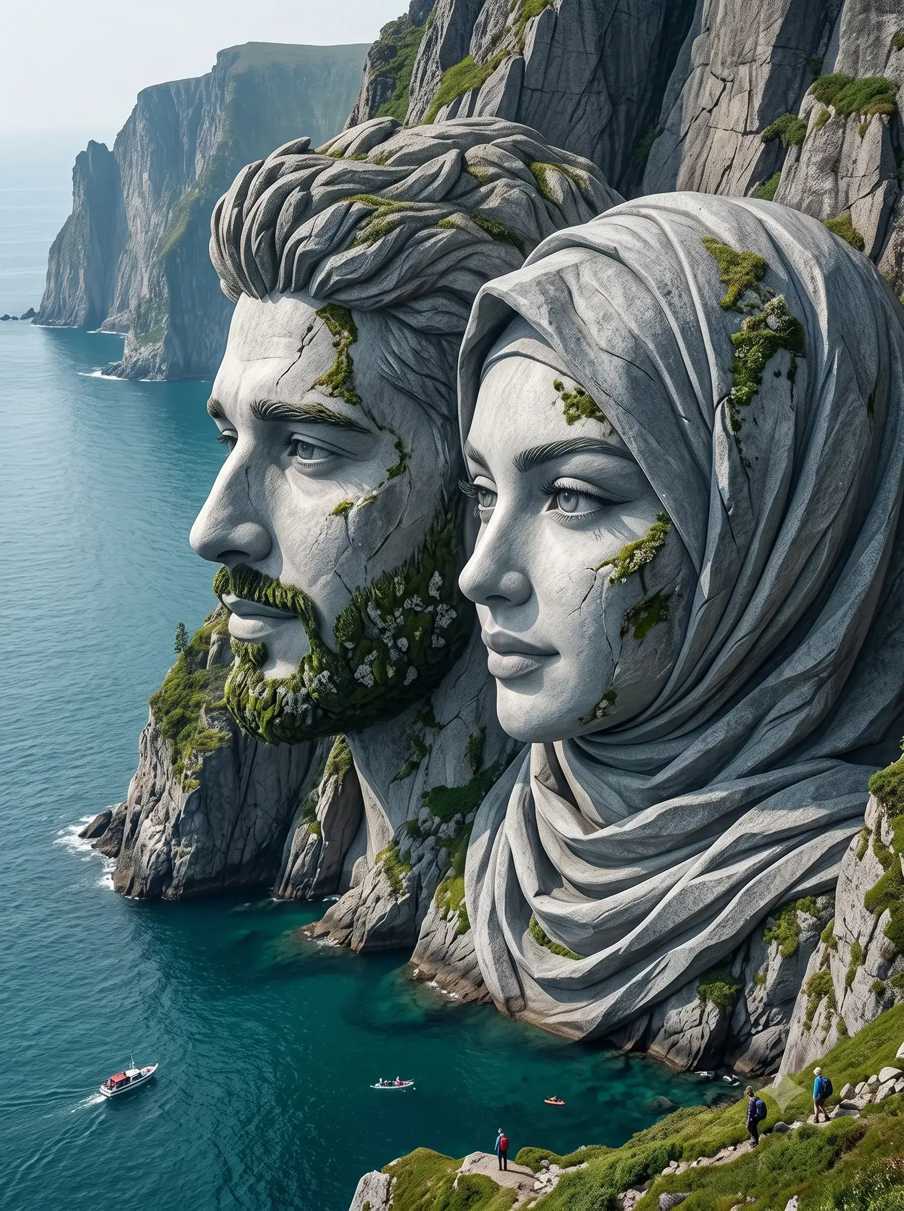 Stone faces of a man and veiled woman carved into a coastal mountain