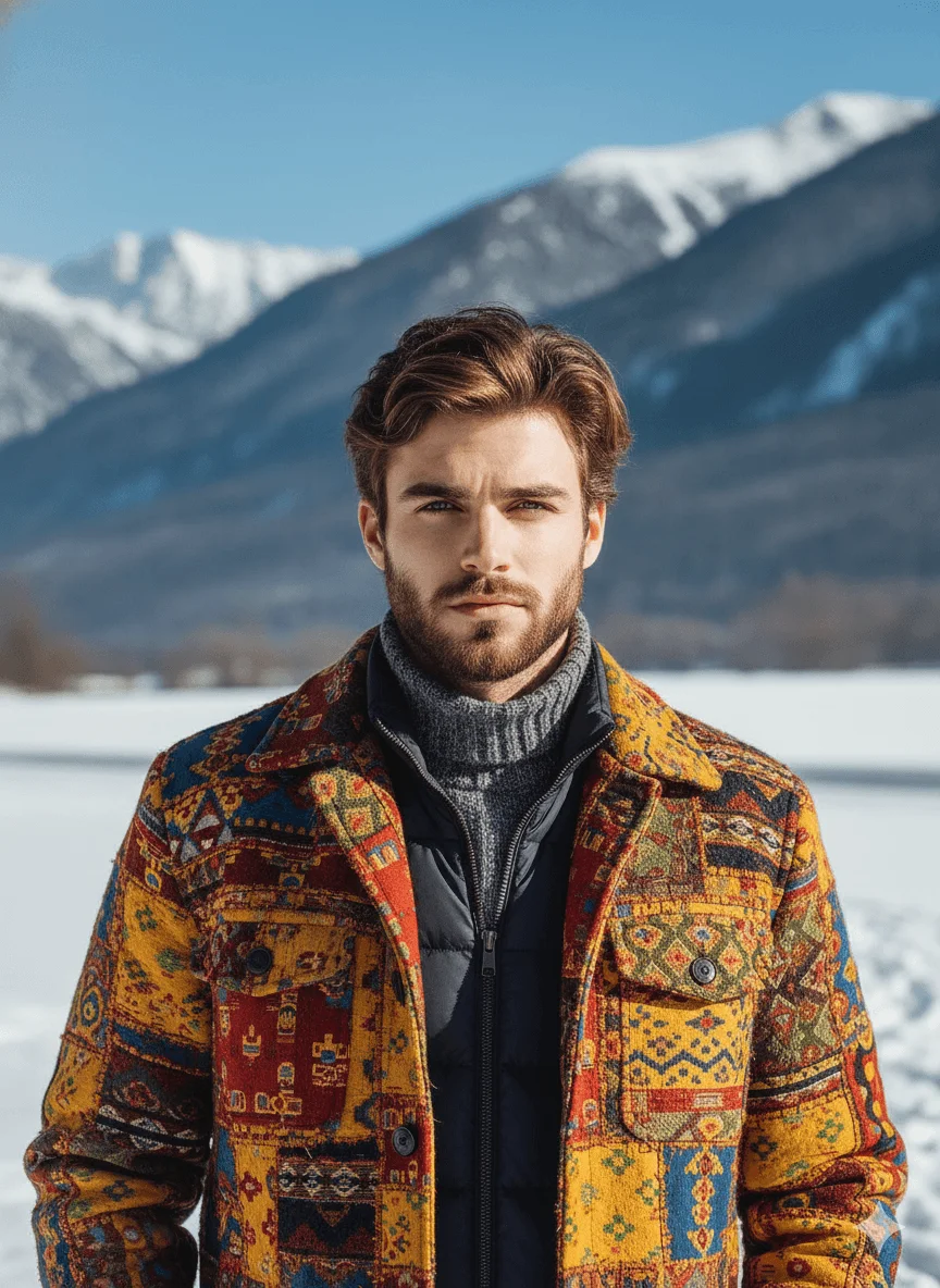 Man in a colorful patchwork jacket standing before snowy mountains