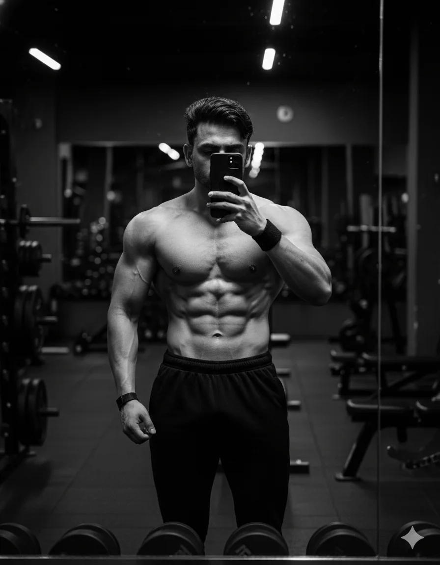 Muscular shirtless man taking a mirror selfie in a dark gym